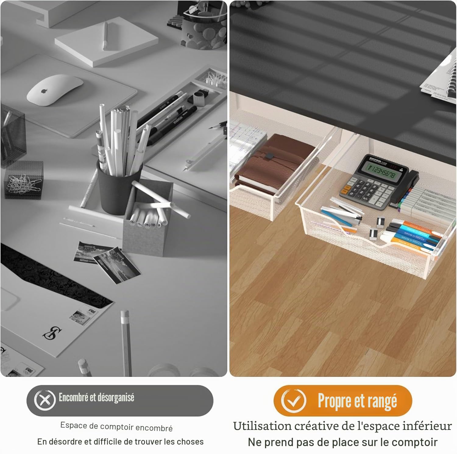 Lot de 2 organiseurs de bureau, tiroir sous table, grande capacité, tiroir en métal, boîte de rangement cachée pour bureau, maison, école, blanc