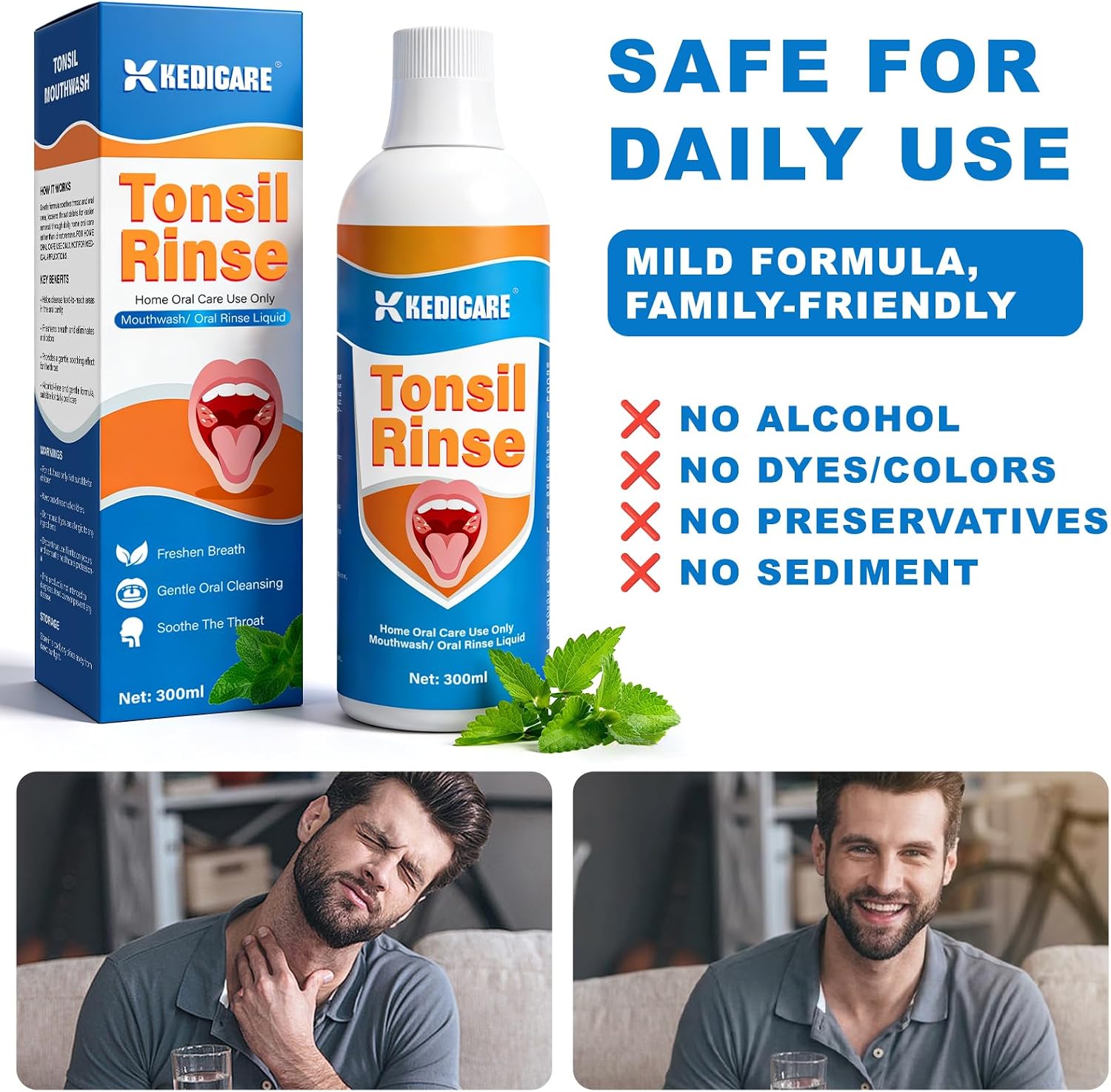 Oral Rinse for Tonsil Area Care, Alcohol-Free Natural Tonsil Mouthwash for Deep Mouth & Throat Area Care, Fresh Breath, Gentle Daily Oral Rinse Liquid, 300ML