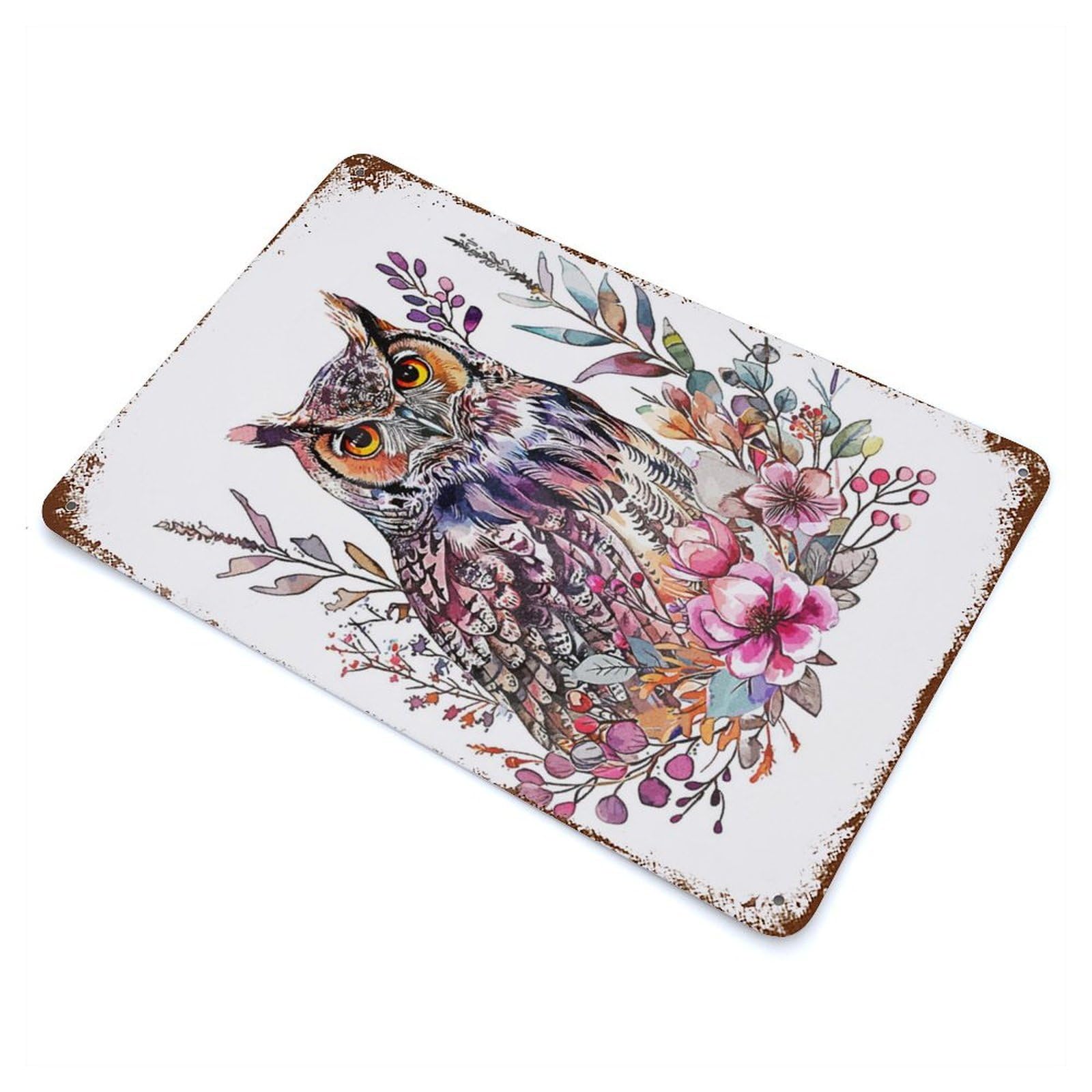 Minimalist Owl Paint Aged Metal Wall Plaque 11.8"x7.9", Old School Wall Decor for Garage, Bar And Workshop Decor