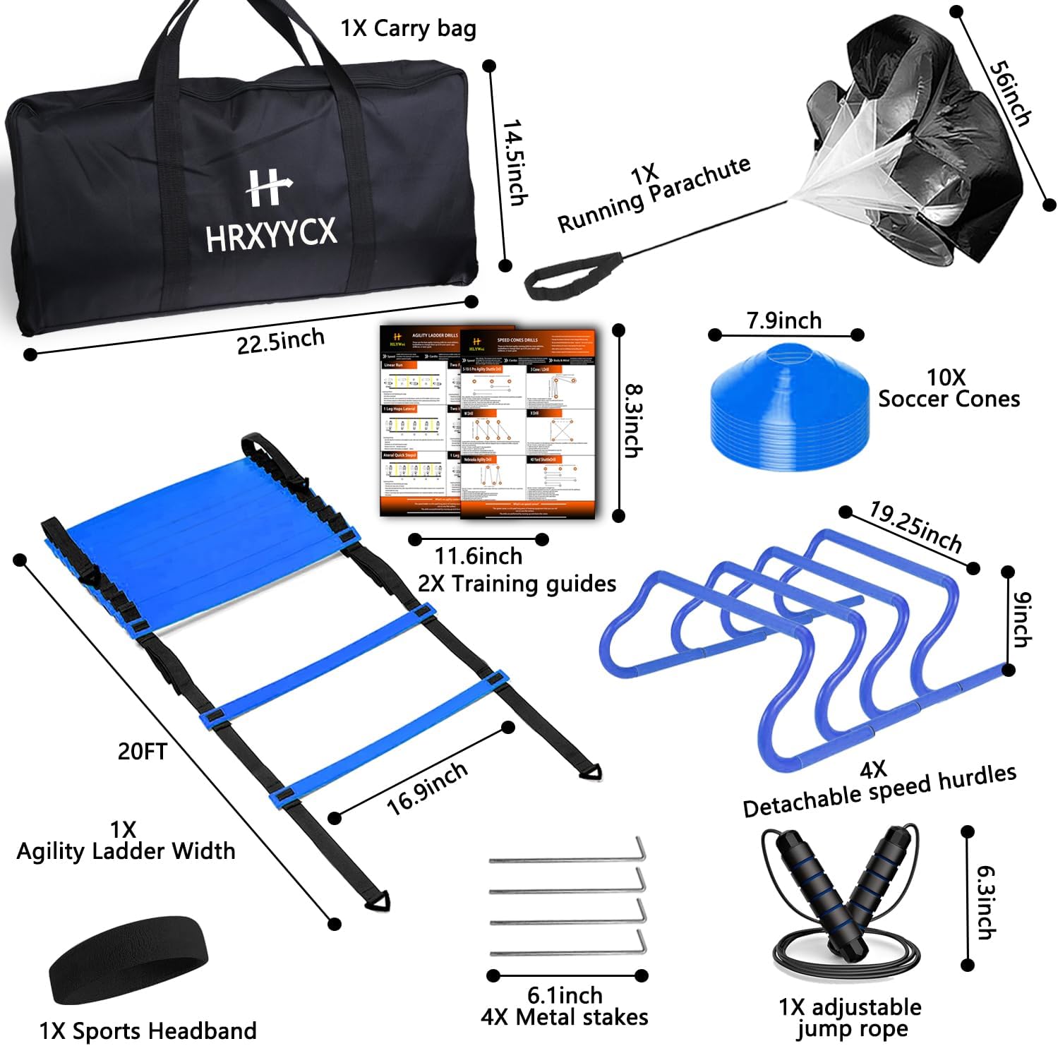 Agility Ladder Speed Training Equipment Set-20ft Agility Ladder 4 Adjustable Hurdles Running Parachute Jump Rope Speed Training Equipment for Soccer Football Basketball