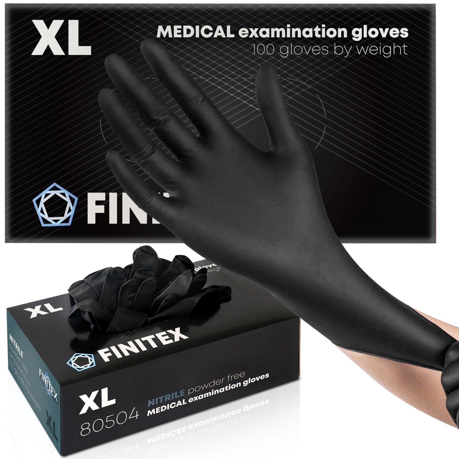 FINITEX Black Nitrile Disposable Gloves, 5.0mil, XL, 100pcs Powder-Free & Latex-Free Food Grade Medical Exam Cleaning Tattoo Nitrile Gloves
