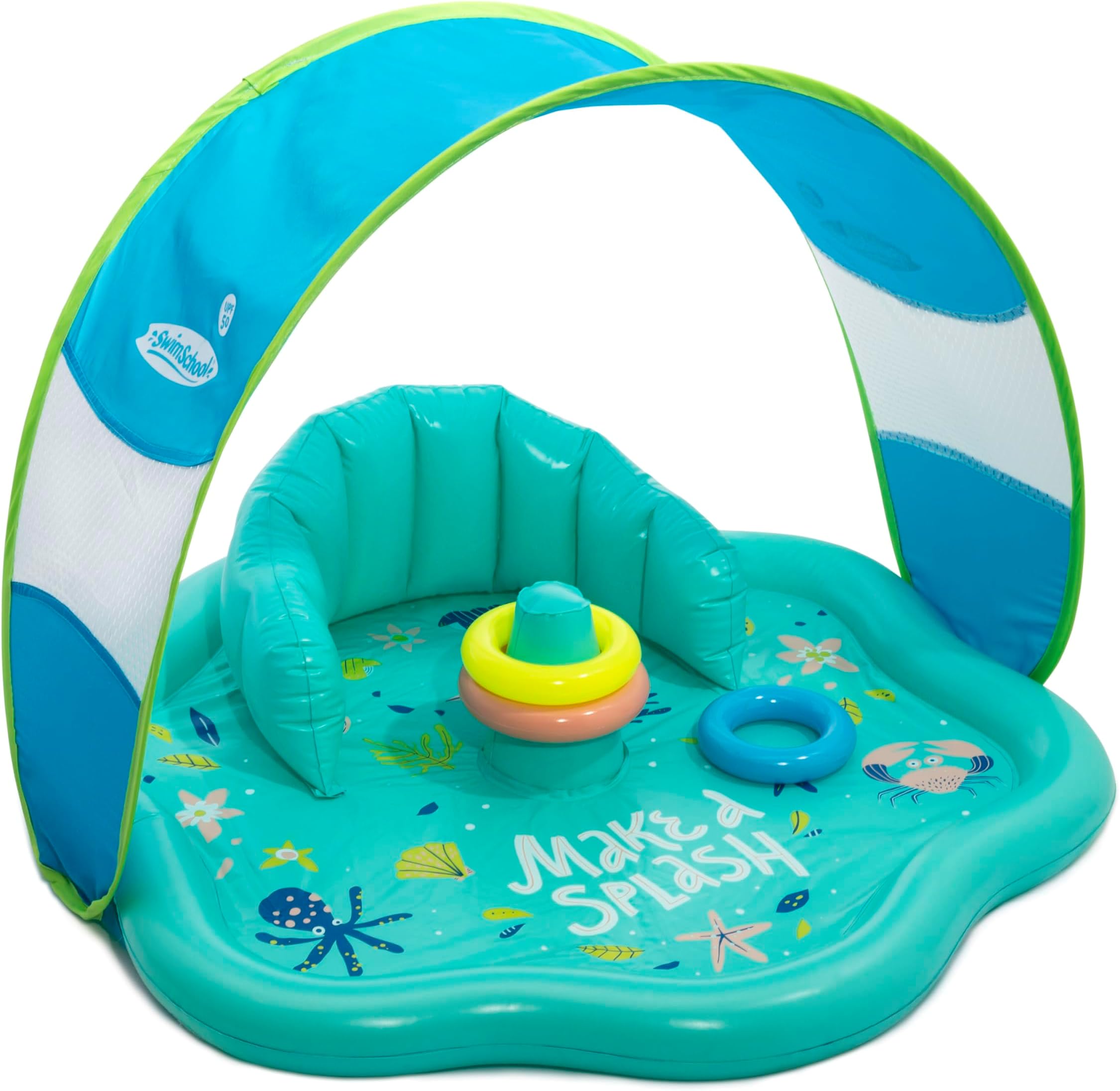 Baby Splash Play Mat with Adjustable Canopy – Inflatable Play Pool for Babies & Infants with Backrest – Includes Baby Water Toy Rings