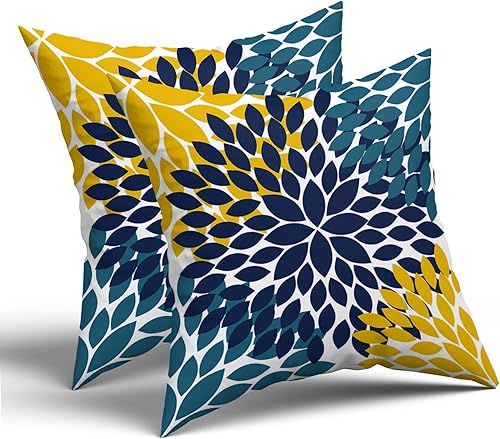 Miniatura 2 de Juego de 2 fundas de almohada de color azul marino y amarillo de 18 x 18 pulgadas flores de dalias modernas rústicas decorativas de algodón con