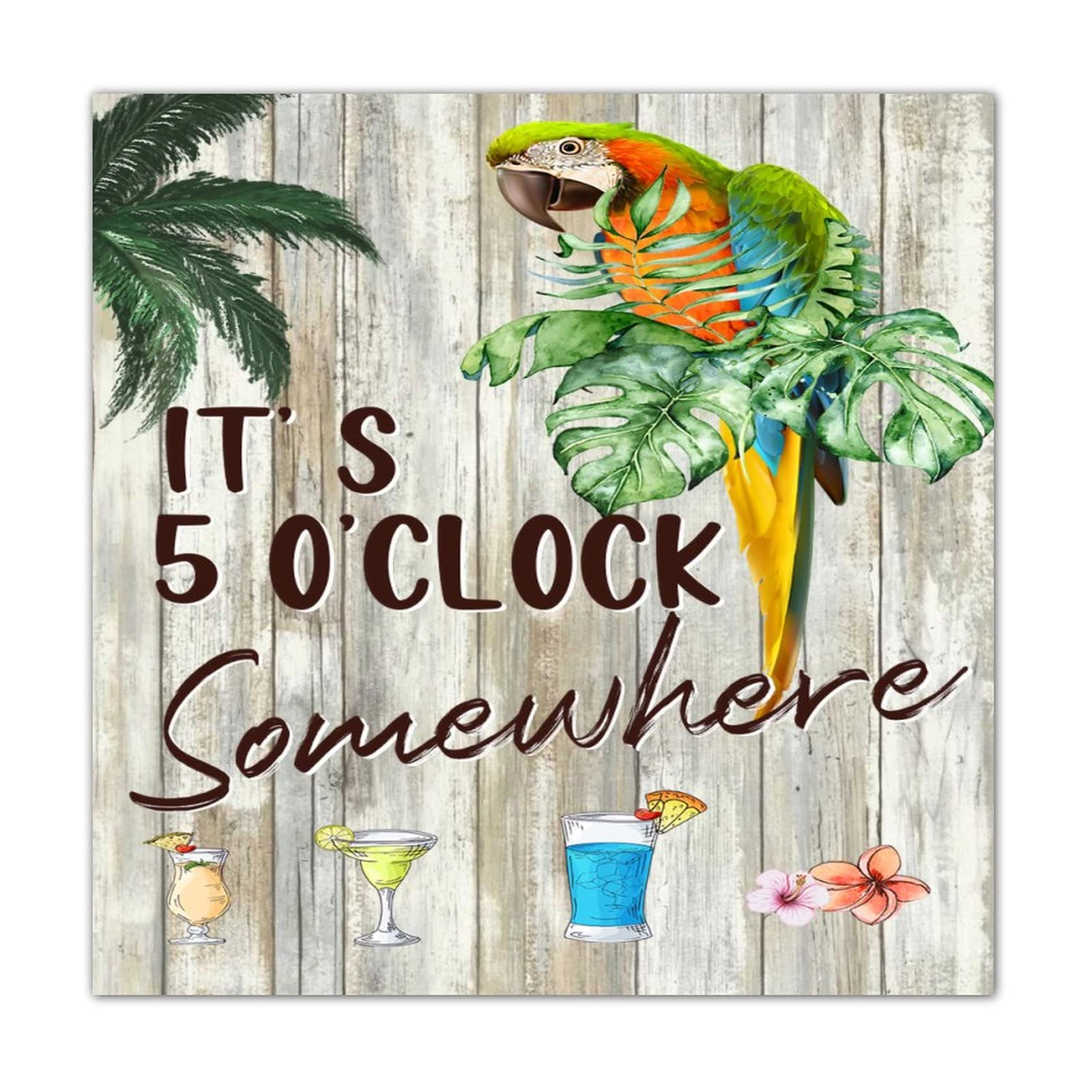Panneau en bois rustique It's 5 O'Clock Somewhere pour décoration intérieure retro 40x40 cm