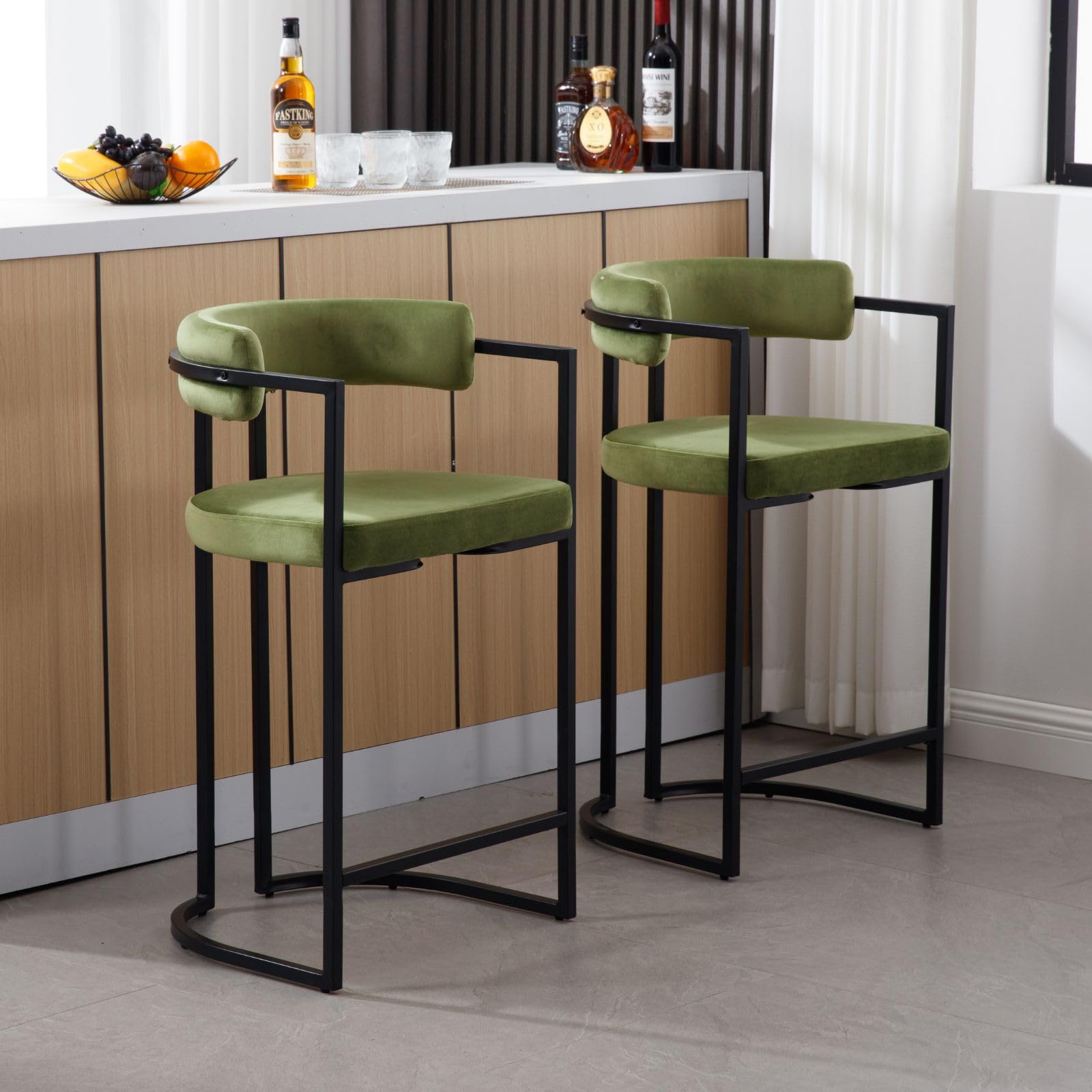 Ya-Home 2 x Modern Kitchen High Stools Velvet Bar Chairs with Back, Counter High Stools with Metal Legs for Kitchen Island/Restaurant, Green