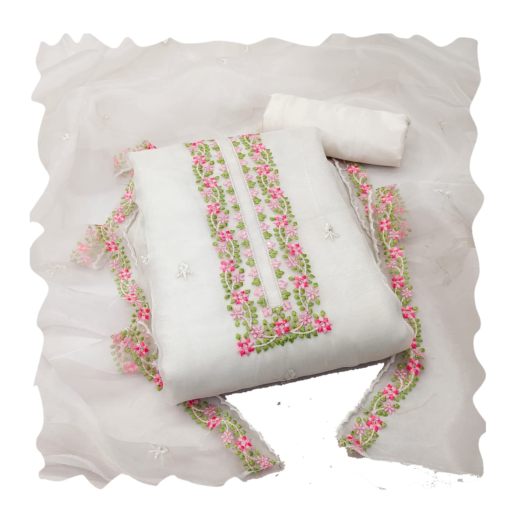 HMP FashionWomen Organza Silk Sequence Work Unstitched Salwar Suit Dress Material With Border Work Dupatta Free Size Multi Color