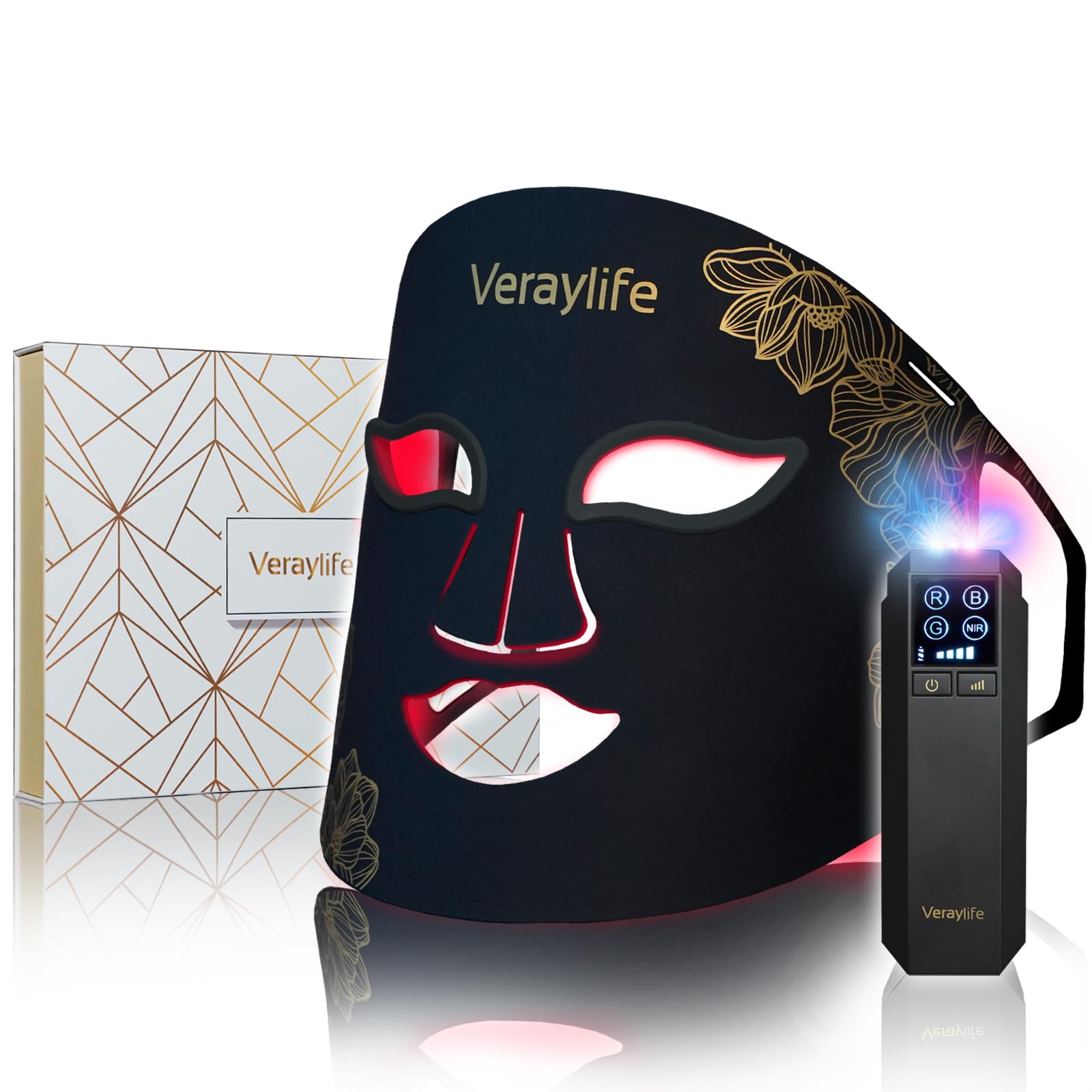 Veraylife Red Light Therapy for Face, LED Facial Mask, Skin Care Light with Near Infrared 850nm & Adjustable Blue Light, Portable Home Device with 7 Colors & 8 Modes, 432 Beads Pro LEDs (Black-F)