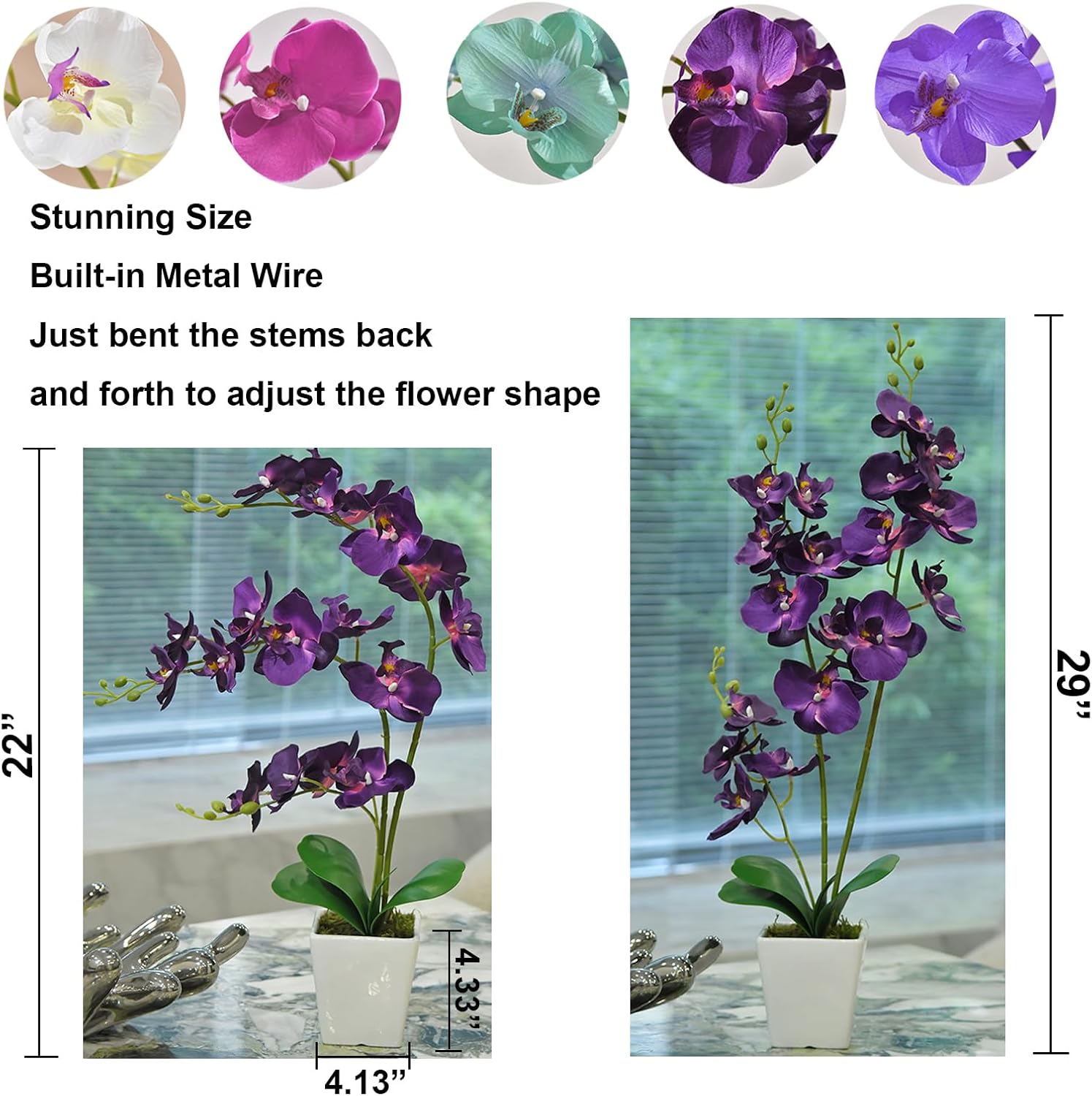 Faux Orchid in Vase Artificial Orchid in Ceramic Vase Tall Silk Orchids with Stems Real Look Phalaenopsis Flowers Arrangement Centerpiece Table Decorations for Home Decor Indoor, Dark Purple