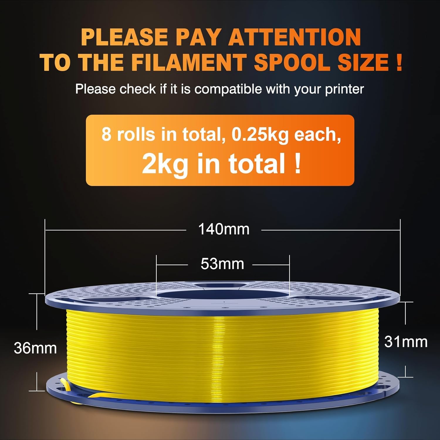 SUNLU 250 g x 8 PLA+ filament do drukarki, wytrzymały filament PLA PLUS do drukarki 3D, 250 g na szpulę, 8 rolek, czerwony + słoneczny pomarańczowy + żółty + zielony + cyjan + mały niebieski +