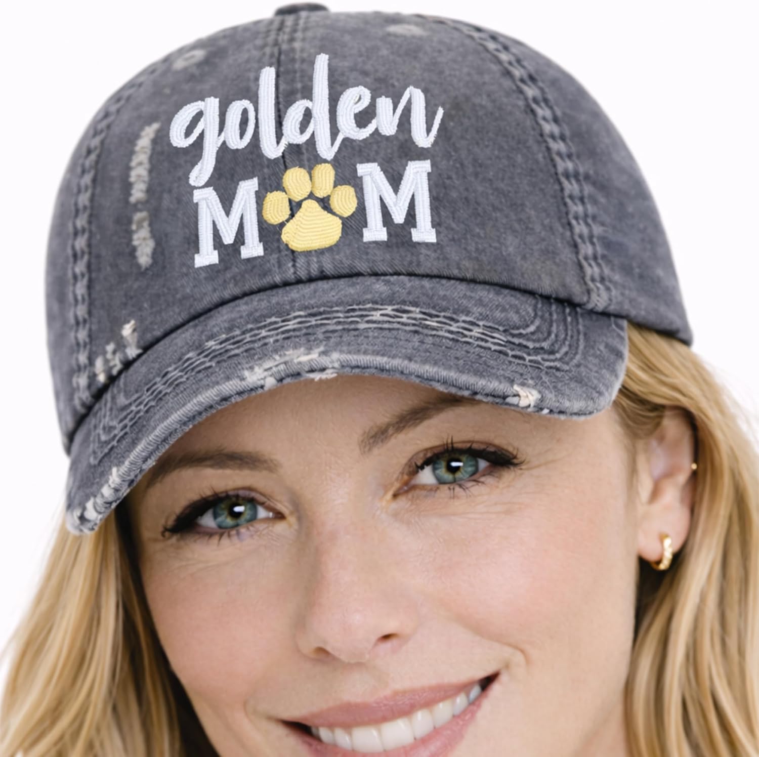 Women's Golden Retriever Dog Mom Hat, Baseball or High Ponytail Cap, Custom, Handmade, Embroidered Gift, Grey or Black, Present Clothing for Golden Owner Wife Friend Birthday Christmas