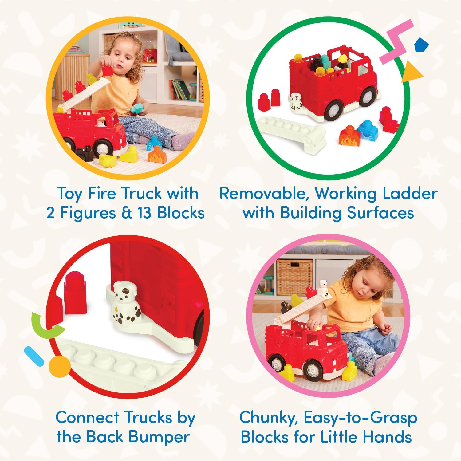 Battat – Locbloc – Toy Fire Truck – 17 Pieces Construction Set – Working Ladder – Building Blocks & Characters – 12+ Months