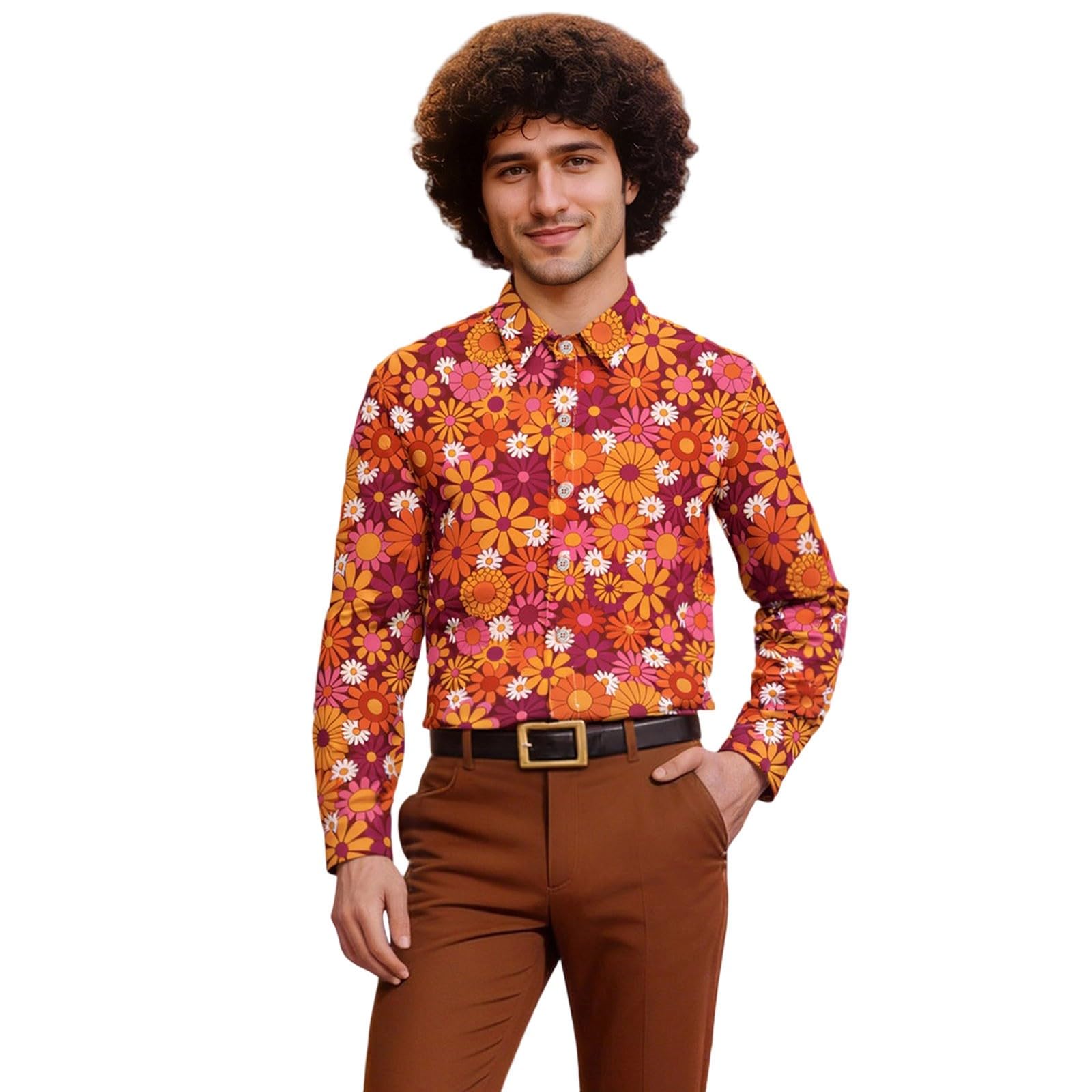 70s Fancy Dress Mens, 60s 70s 80s Fancy Dress Men, Hawaiian Shirts for Men Retro Casual Button Down Shirt Shirts Printed Long Sleeve Disco Holiday Orange L