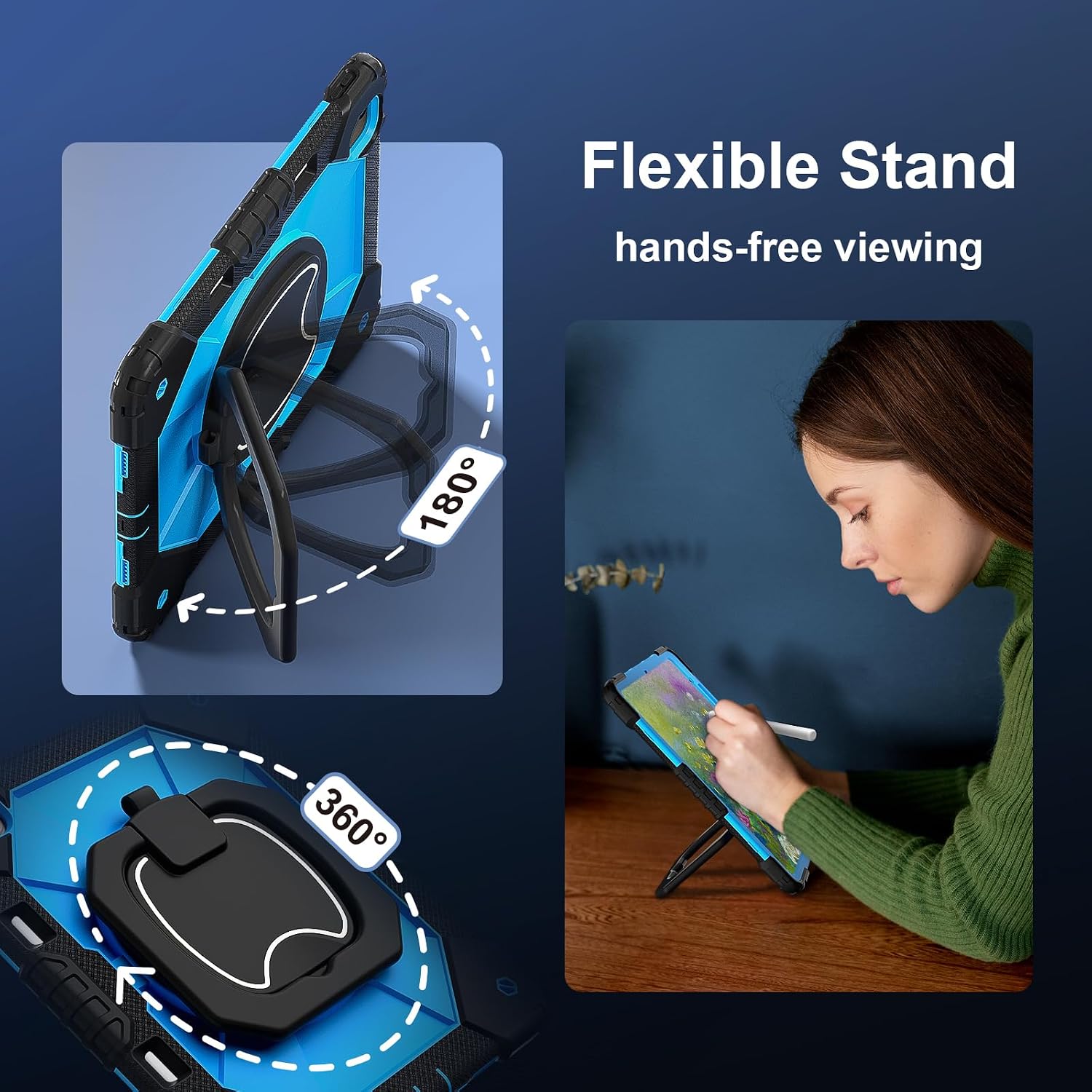 for iPad Air 13 Inch M3 2025 & M2 2024 Shockproof Kids Case,360 Degree Rotating Handle Stand Heavy Duty Silicone Case,Kickstand & Shoulder Strap (Blue PC)