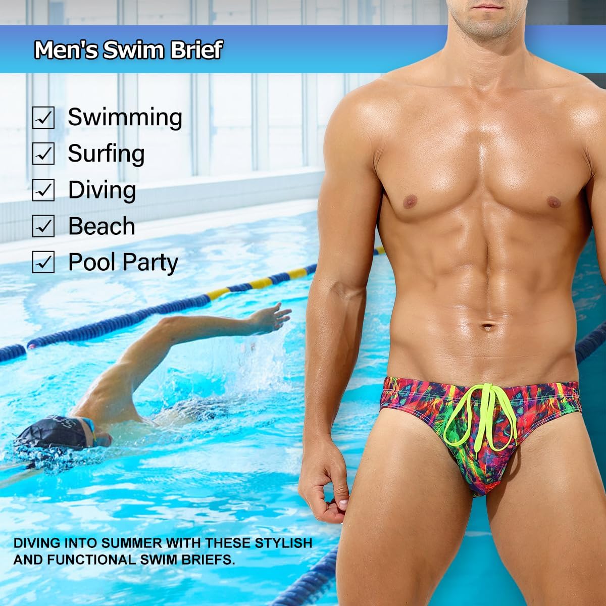 Arjen Kroos Men's Swim Briefs Sexy Low Rise Printed Bikini Adjustable Drawstring Swimwear - Image 5