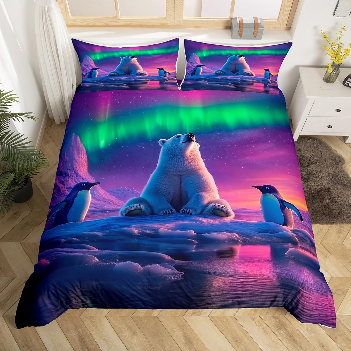 Aurora Bedding Set Double,Polar Bear Penguin Duvet Cover for Kids Teens,Northern Lights Bed Set Starry Night Nature Themed Duvet Cover with 2 Pillowcases Room Decor (No Comforter)