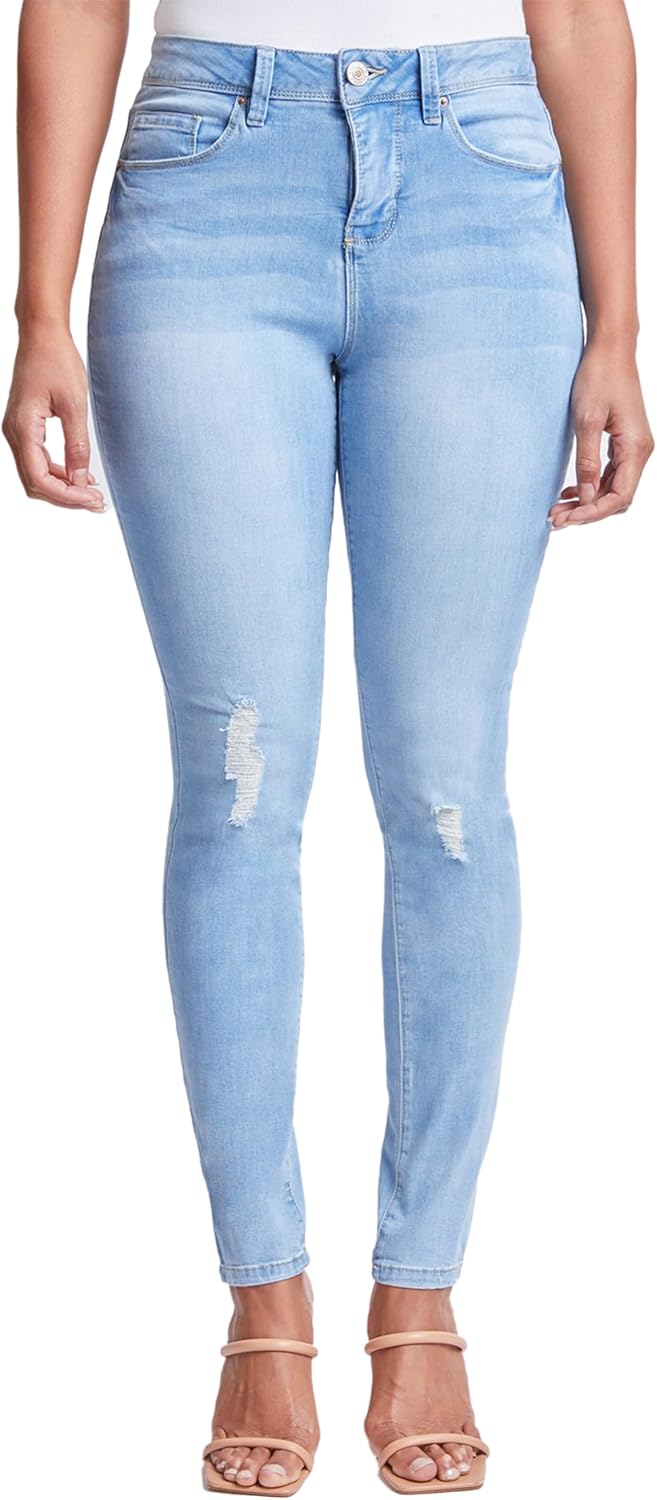 Royalty for Me Women's Tummy Control High Rise Essential Skinny Jeans, Sky Blue Rips, 10