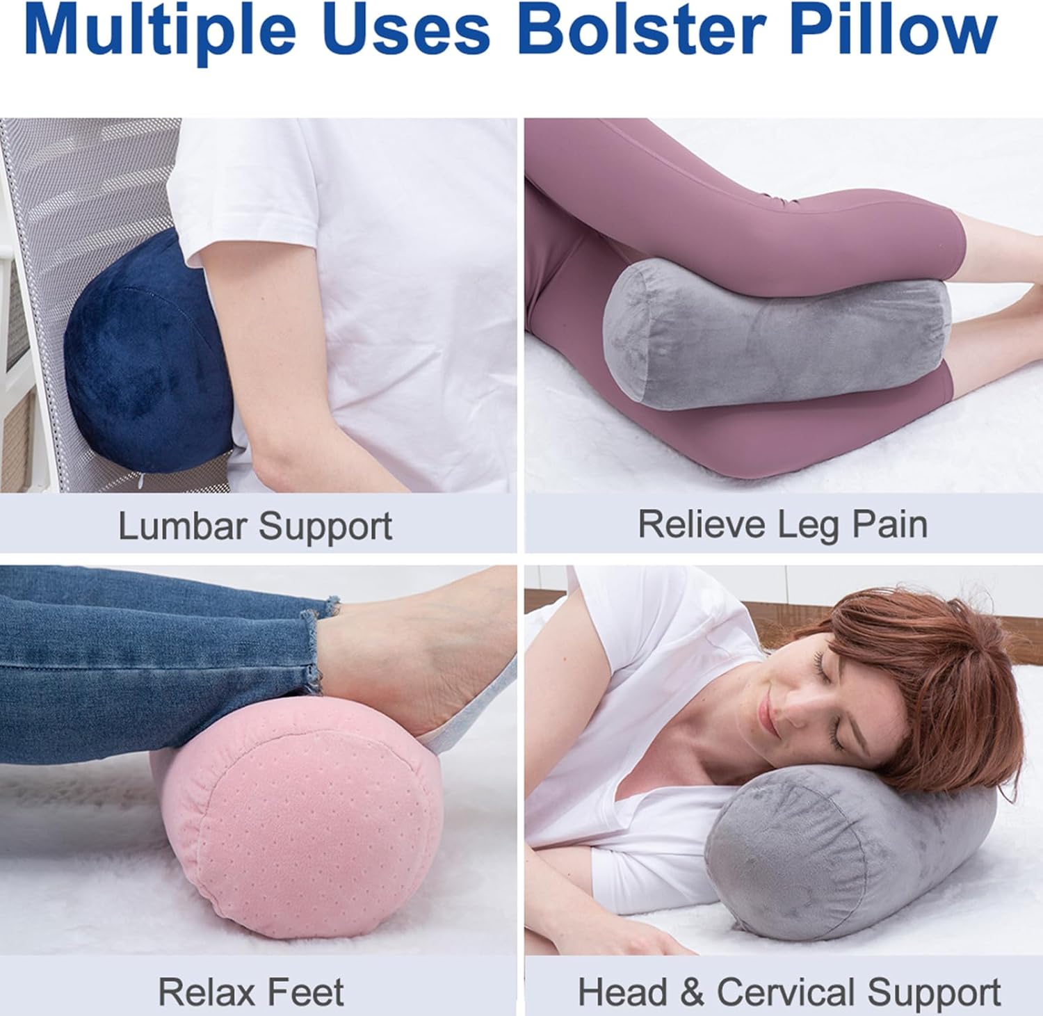 1 MIDDLE ONE Bolster Pillow with Removable Velvet Cover, Round Cylinder Neck Roll Pillow for Head, Back, Leg Support, Decorative Bed and Couch Pillow 16 x 6 Inches (Blue)