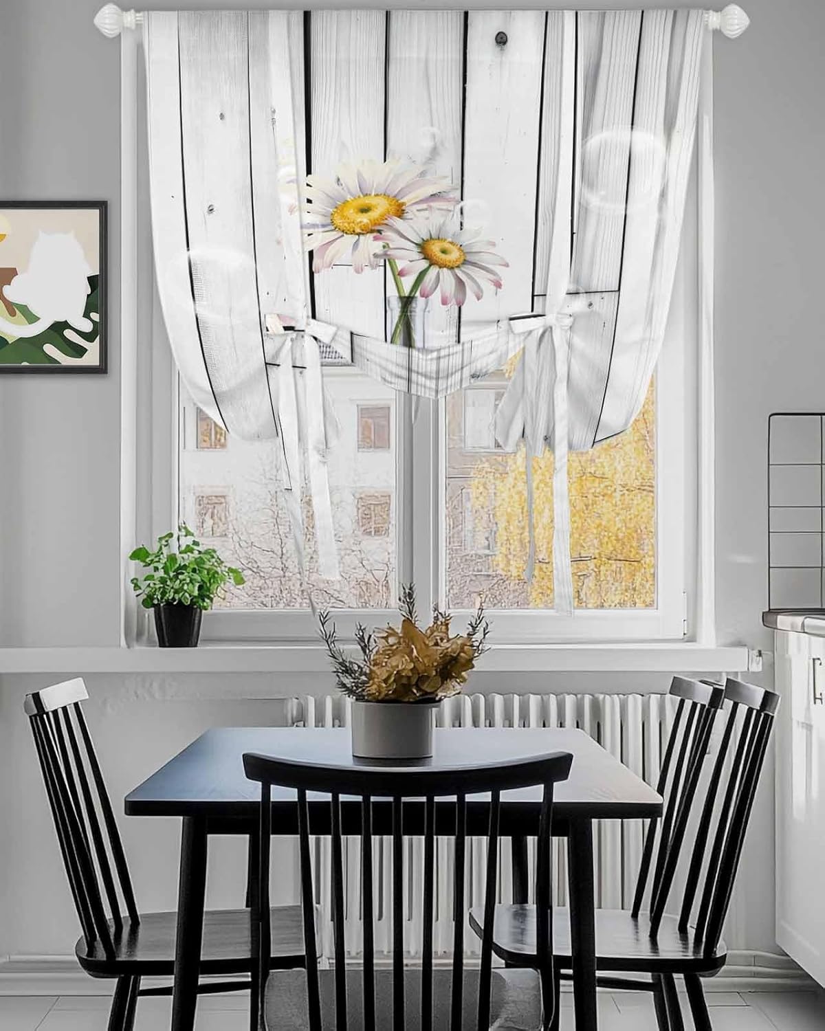 Tie Up Window Shade Curtain Farm White Daisy Flower and Vase Kitchen Adjustable Balloon Curtains Shades Drape 46x63In for Living Room/Bedroom/Cafe Windows Retro Grey Wood Plank