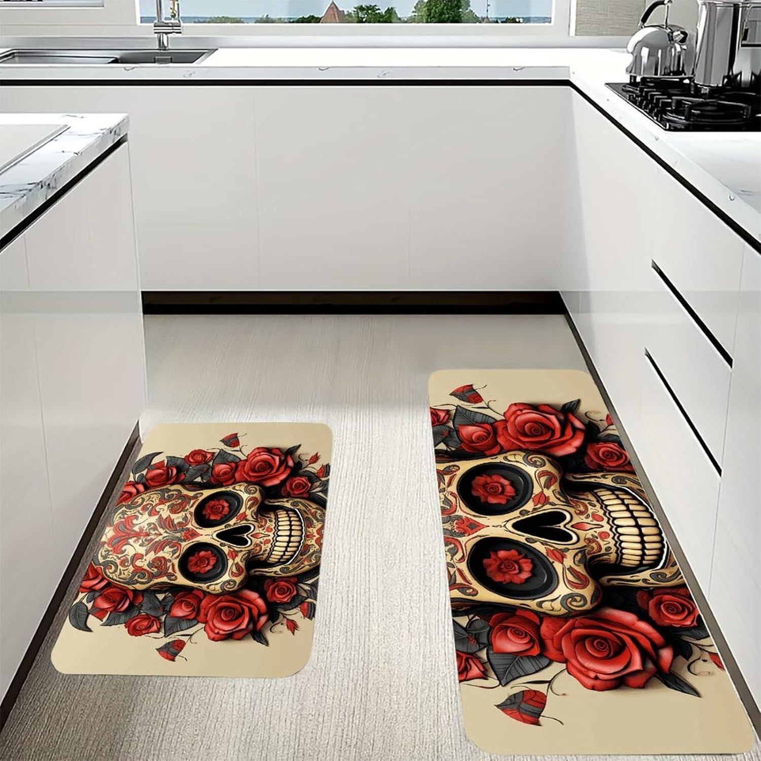 2-Piece Kitchen Mat Set - Soft Flannel Floor Rugs, 16"x24"+17"x47" Cushioned Anti-Fatigue Rug, Red Rose Sugar Skull Kitchen Runner Rug Absorbent Standing Mat for Bathroom Laundry Sink