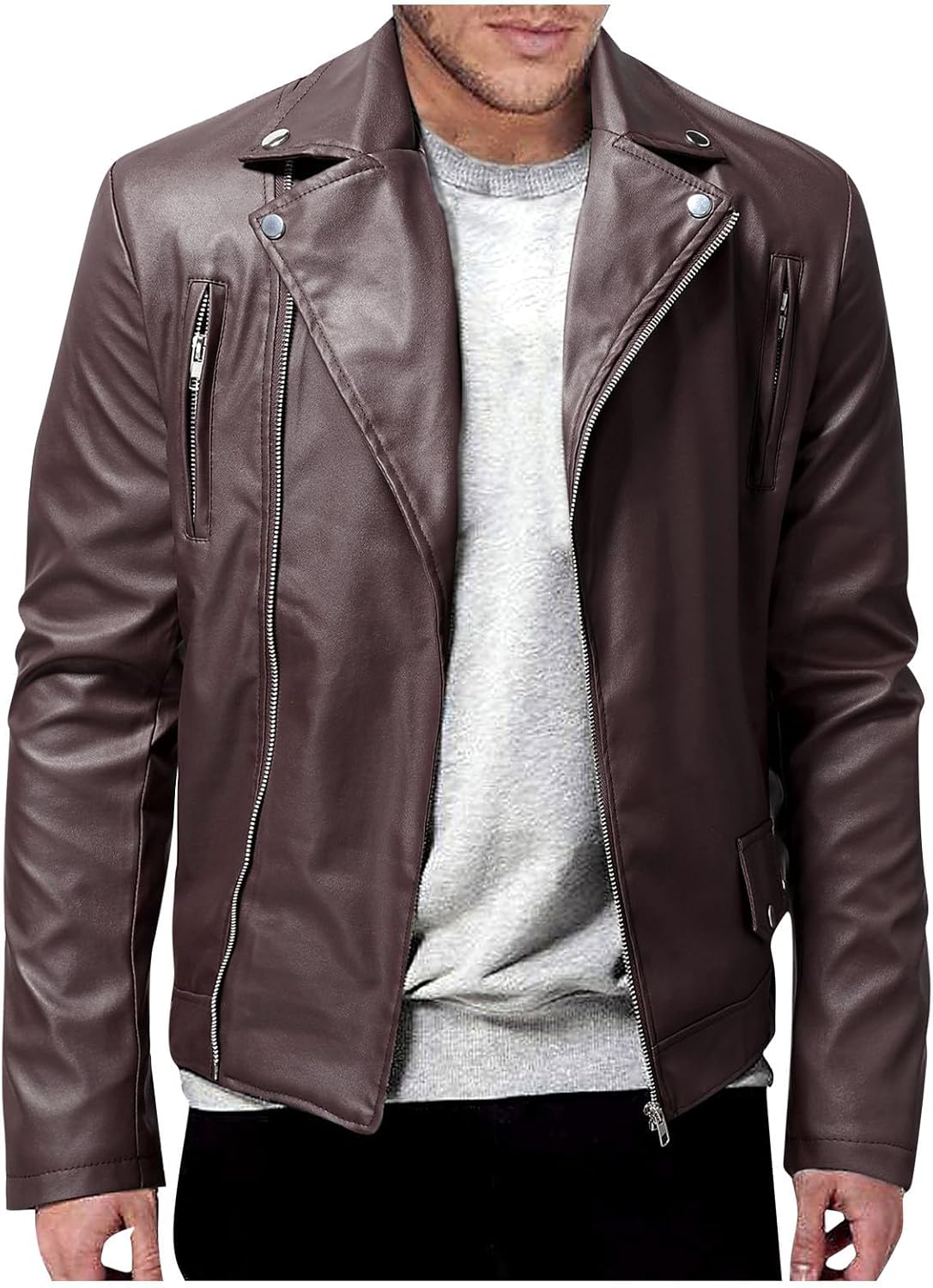 Men's Bomber Jackets Winter Autumn And Casual Solid Color Long-Sleeved Slim Faux Leather Jacket, S-XL
