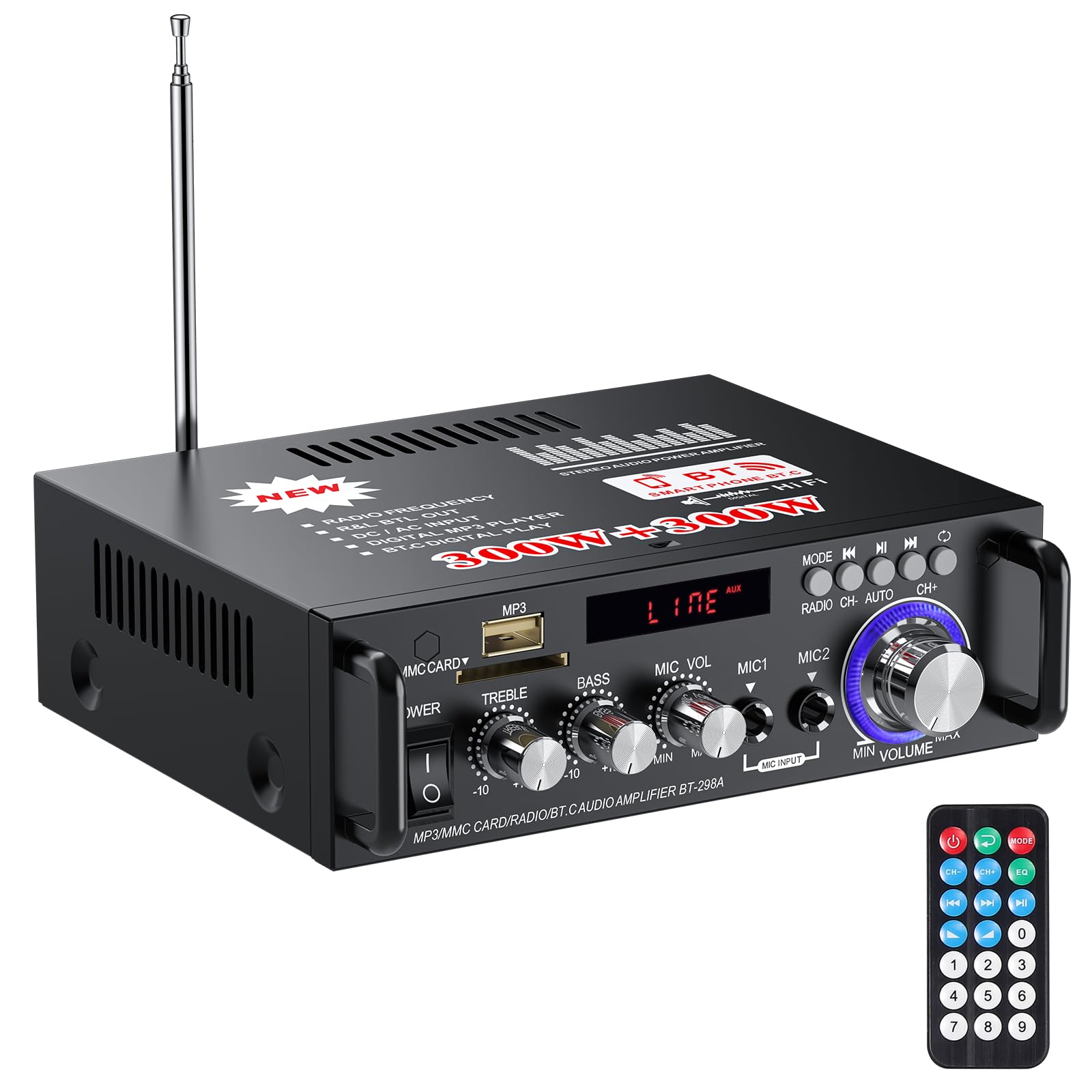 Amplificador Estéreo HiFi Bluetooth PROZOR Amplificador Bluetooth Audio 300W + 300W Mini Estéreo Hi-Fi Amp Receptor de …