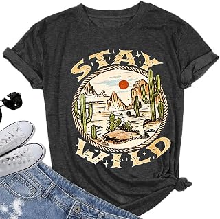 Jorlyen Women's Boho Tops Adventure Activewear Outdoor Shirts | Letter Printed, Cactus Sun Graphic, Nature Tee Outfit, for Camping, Climbing, Hiking, Desert Workout