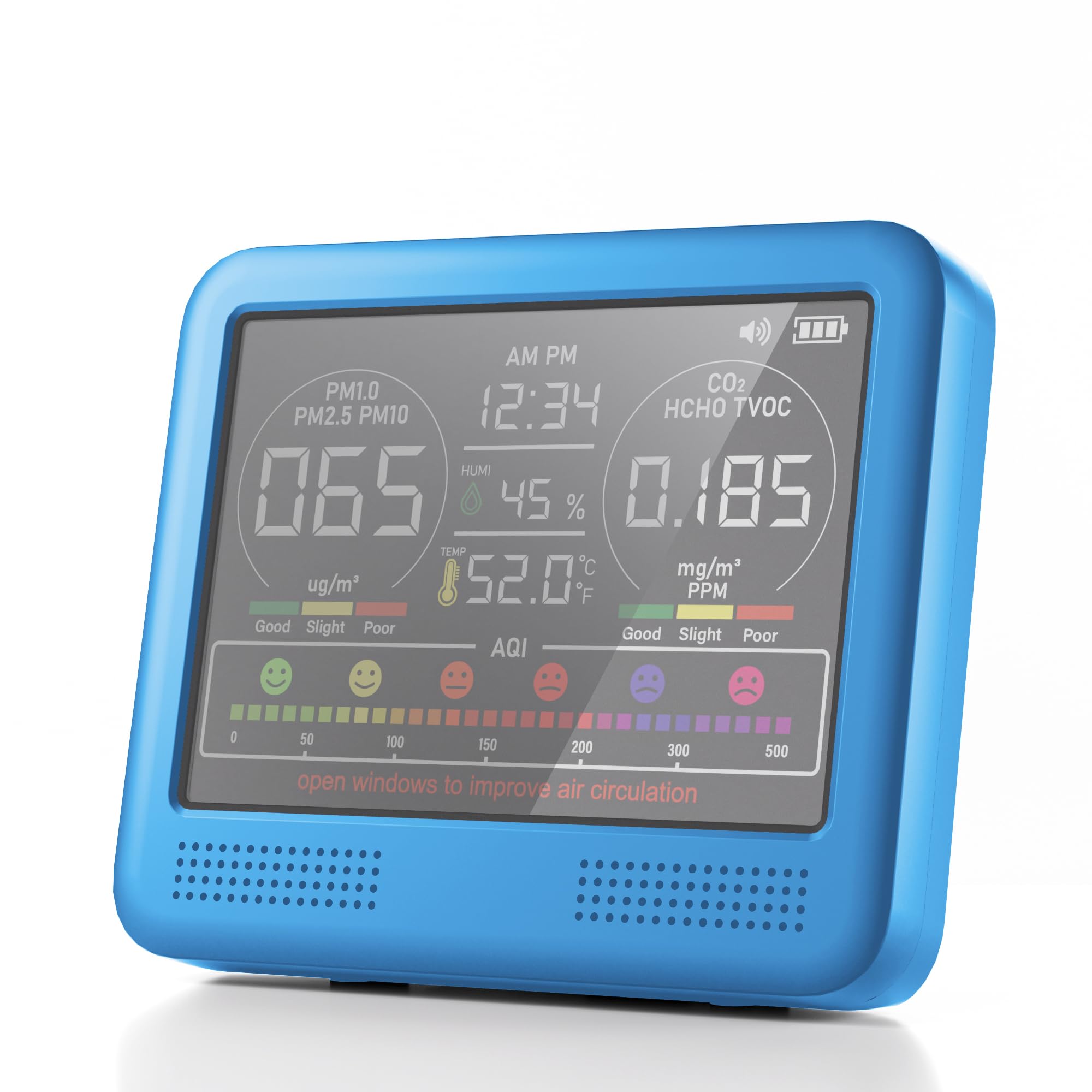 16-in-1 Indoor Air Quality Monitor with PM1.0,PM2.5,PM10,CO2,HCHO,TVOC,Temperature,Humidity,Time Display &amp;7 AQI Alarms – Professional Air Quality Tester for Home, Office &amp; Indoor Use (Ice Blue)