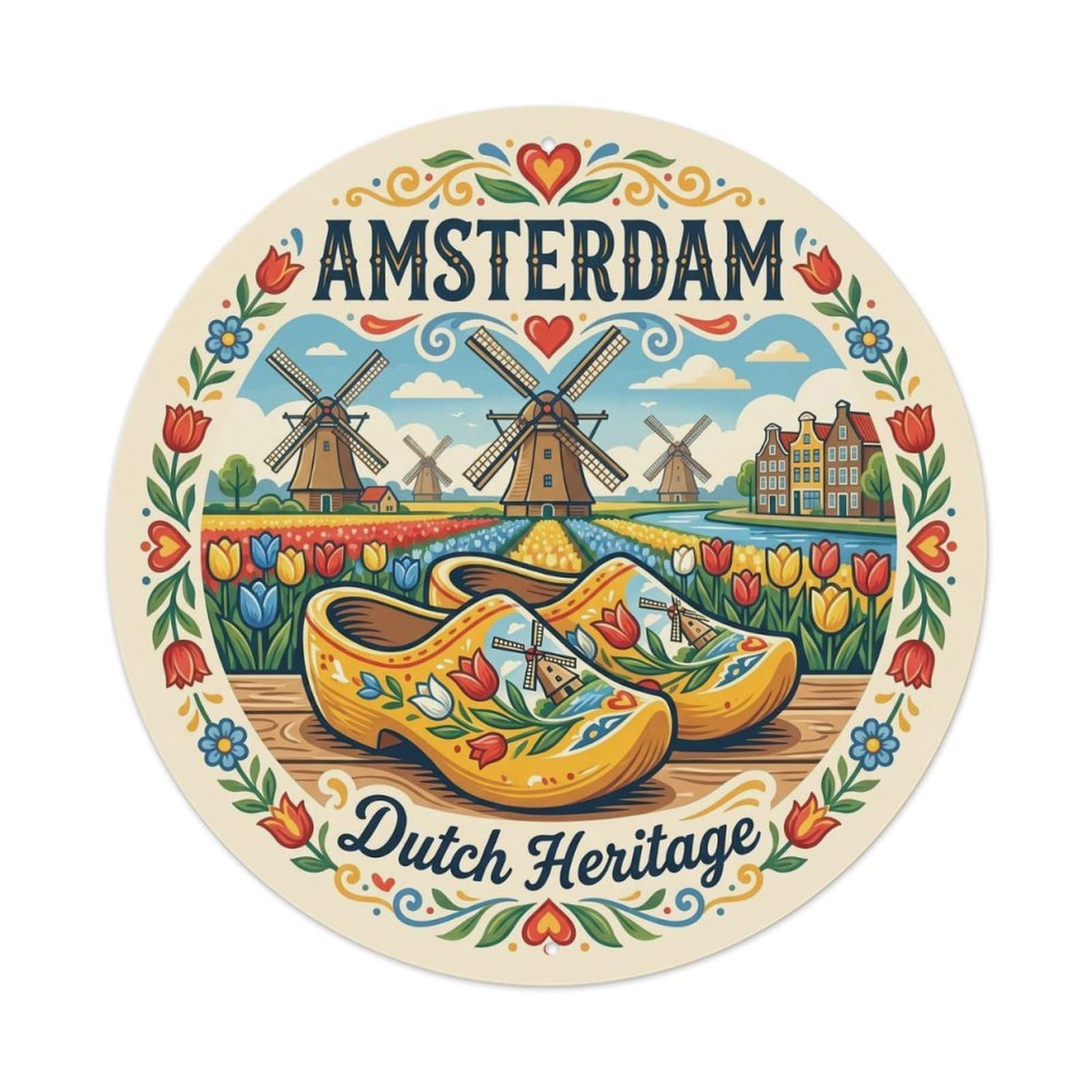 Amsterdam Wooden Shoes Dutch Heritage Vintage Travel Culture Metal Tin Sign Plaque Wall Decor for Cafe, Man Cave, Club Bar, Office, Home Garden Round Metal Poster 8x8Inch