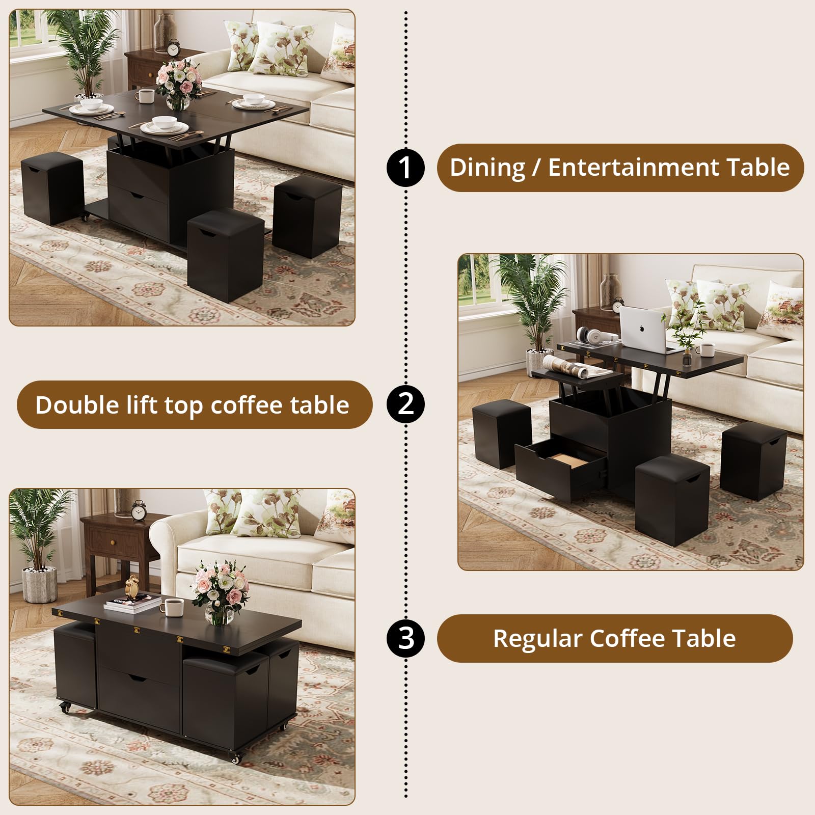 VOWNER Table Basse Relevable Transformable Table à Manger, Noir | Meuble 3 en 1 multifonctionnel pour salon avec tiroir et 4 tabourets inclus
