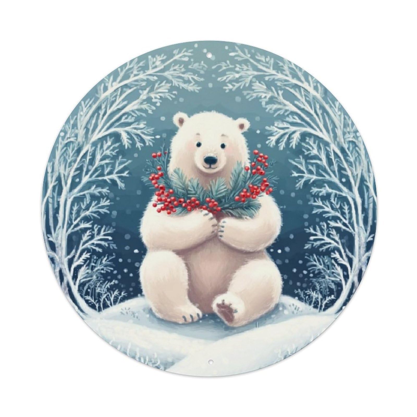 Jdyaojiesheng Vintage Polar Bear Winter Forest Berry Round Tin Sign Retro Metal Wall Decor Metal Poster, Home Bar Garage Farmhouse Cafe Wall Art Decoration 8X8inch