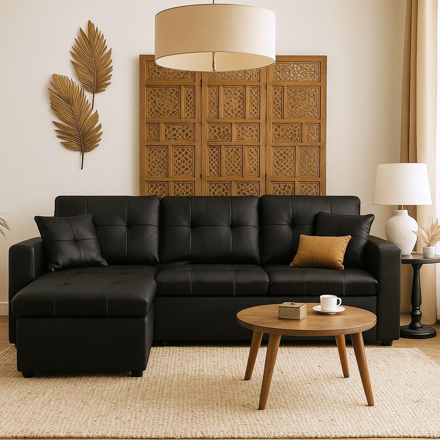 Canape Convertible d’Angle Simili PU Noir Méridienne Reversible Droite ou Gauche | Modèle Toledo | Canape Lit avec Coffre de Rangement| Coussins et Assise Moelleux et Confortable | L230 x P143 x H68