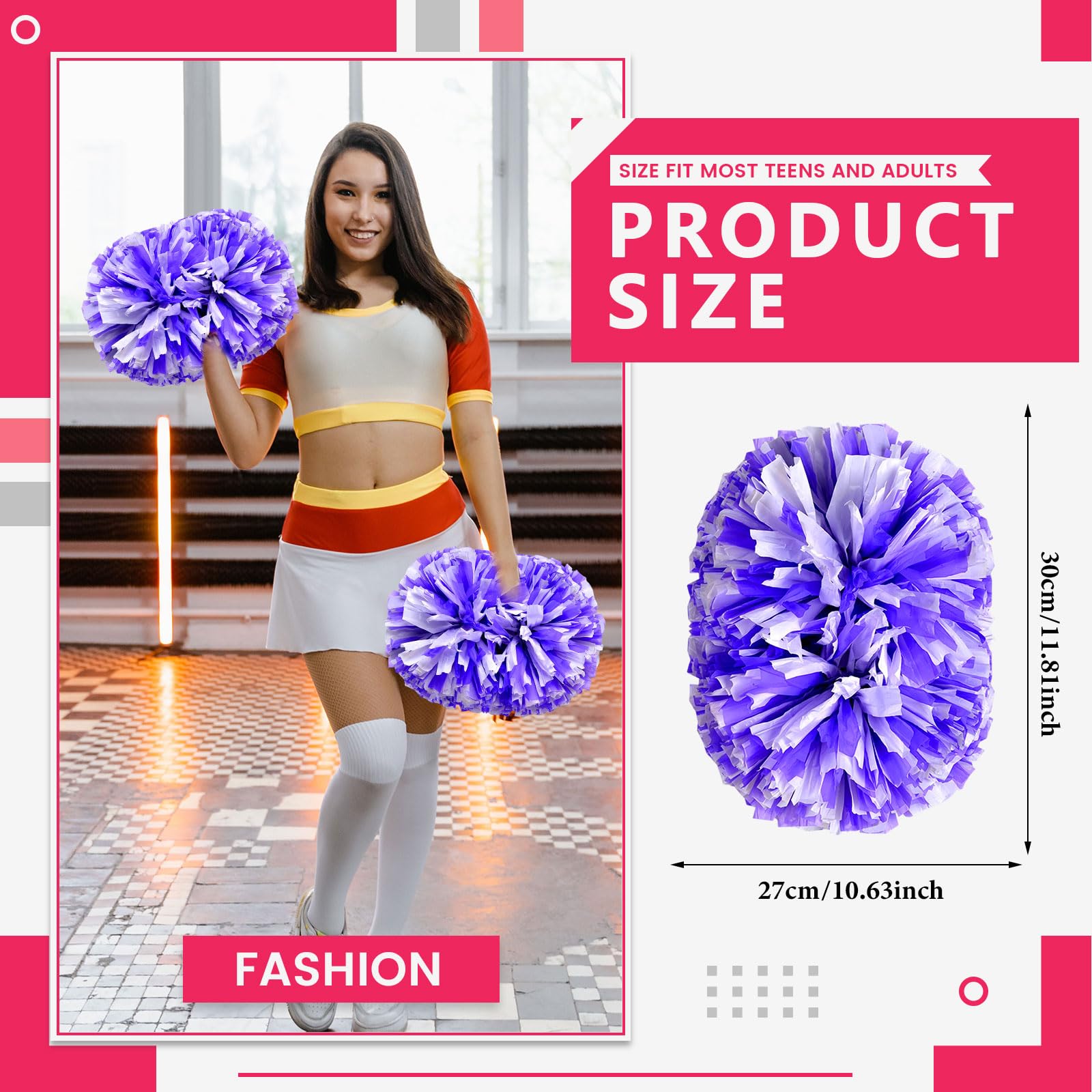 Pompon da cheerleading, 8 pezzi con manico, ideali per tifo di squadra, giochi di spirito,Pompon vivaci per i tifosi (bianco + viola)