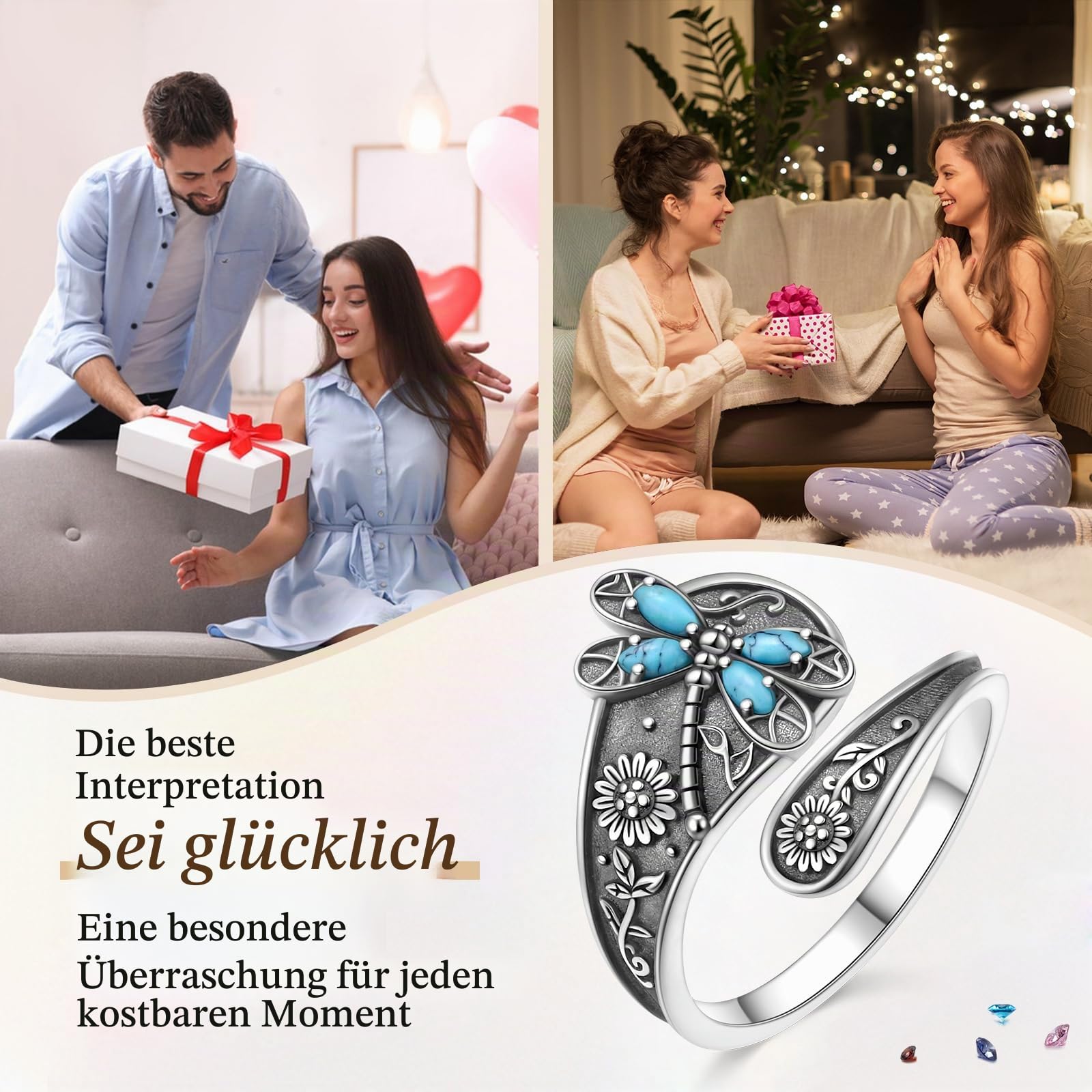 Verstellbarer Ring mit Libellen-/Lotus-/Kolibri-/Kreuzmotiv für Frauen und Mädchen 925 Sterlingsilber antike Blumen-Löffelringe oxidiert inspirierender Bandschmuck