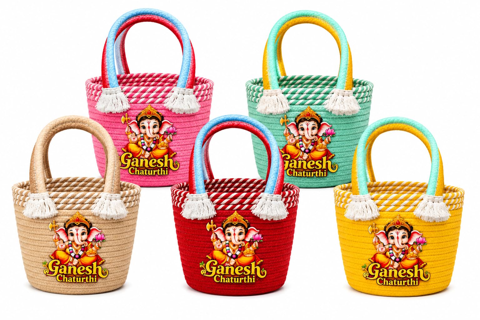 Premium Ganpati Bappa Pooja & Gift Basket | गणपती पूजा साहित्याची टोपली | प्रसाद व भेटवस्तू पिशवी | Ganesh Chaturthi Hamper | Eco Friendly Reusable Tote Bag for Gift & Pooja | PC-5