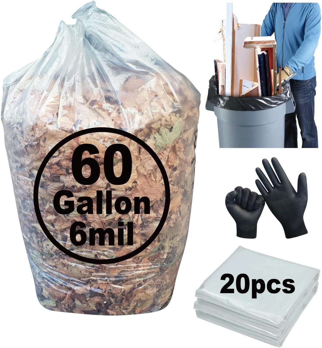 6 Mil Clear Contractor Bags – 20 Pack Heavy Duty Contractor Trash Bags for 50/55/60 Gallon Large Clear Garbage Bags (Extra Thick, Tear Resistant) (32″ X 52″)