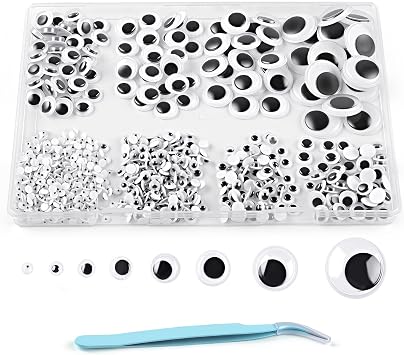 Phinus 1400PCS Googly Eyes, 8 Different Size Self-Adhesive Googly Eyes for Crafts, 4mm, 5mm, 6mm, 8mm, 10mm, 12mm, 15mm, 20mm Black Wiggle Sticky Googly Eyes with Tweezers