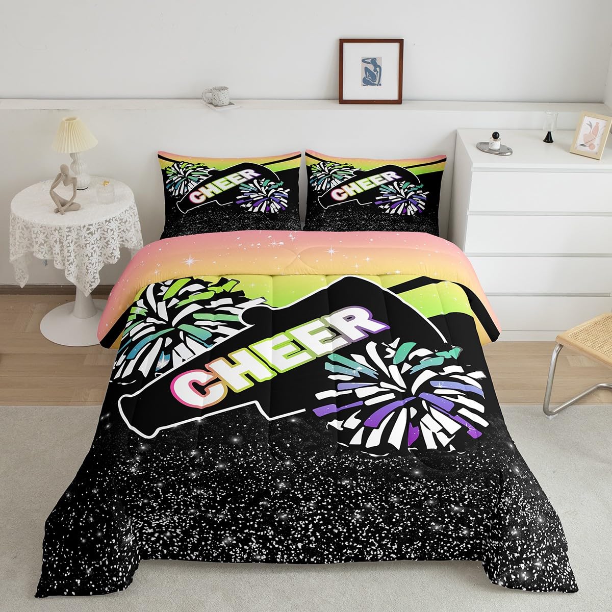 Feelyou Cheerleader Comforter Set Toddler Size Dreamy Girly Gymnastic Sports Comforter for Kids Boys Girls Gymnastics Lovers Bedding Set Cheer Sports Duvet Set Room Decor Quilt