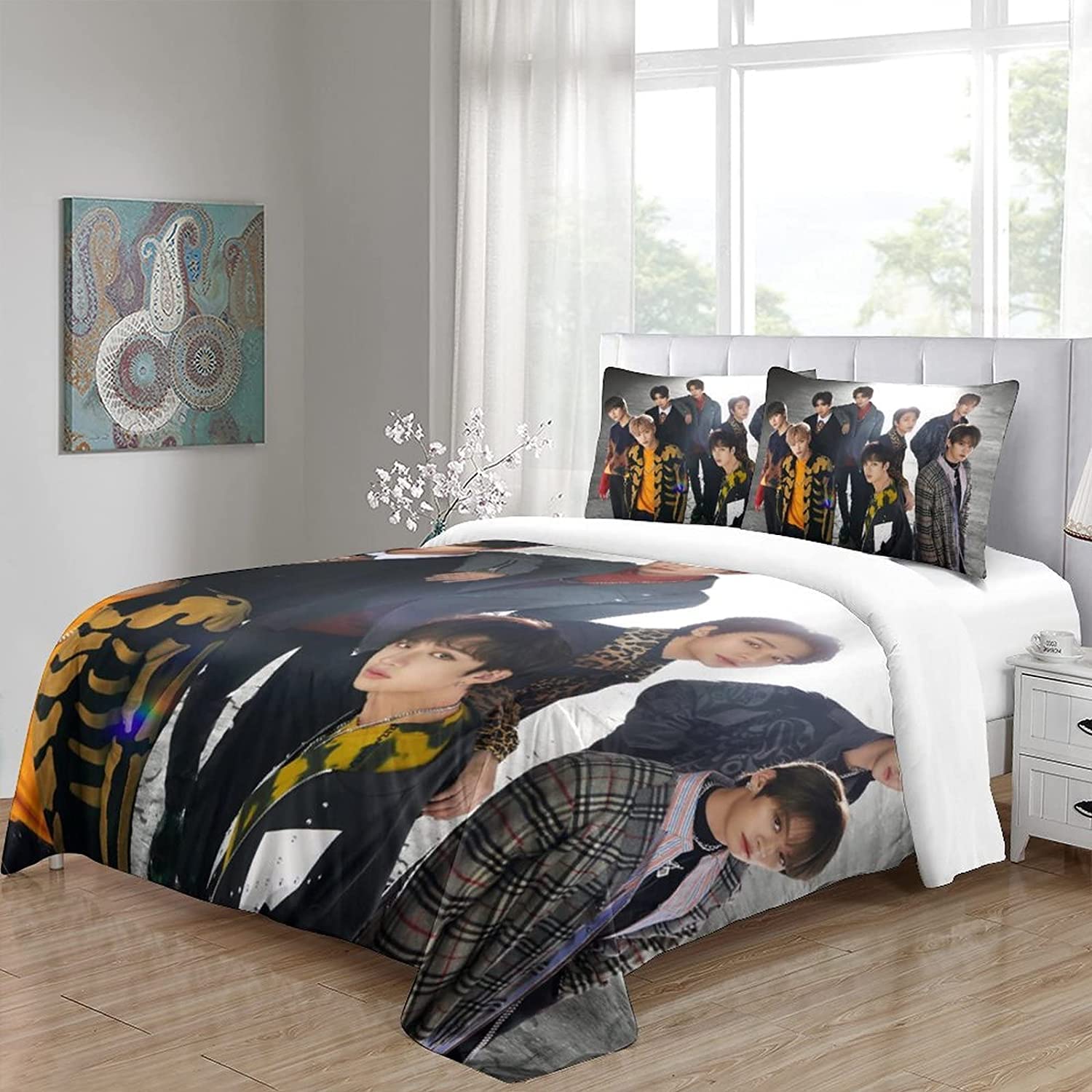 Zbeiba Stray Kids dekbedovertrek 135 x 200 cm, kussenslopen, 3D SKZ bedrukte beddengoedset op zacht microvezel-katoen voor tieners volwassenen (KZ1, 135 x 200 cm 2 x 80 x 80