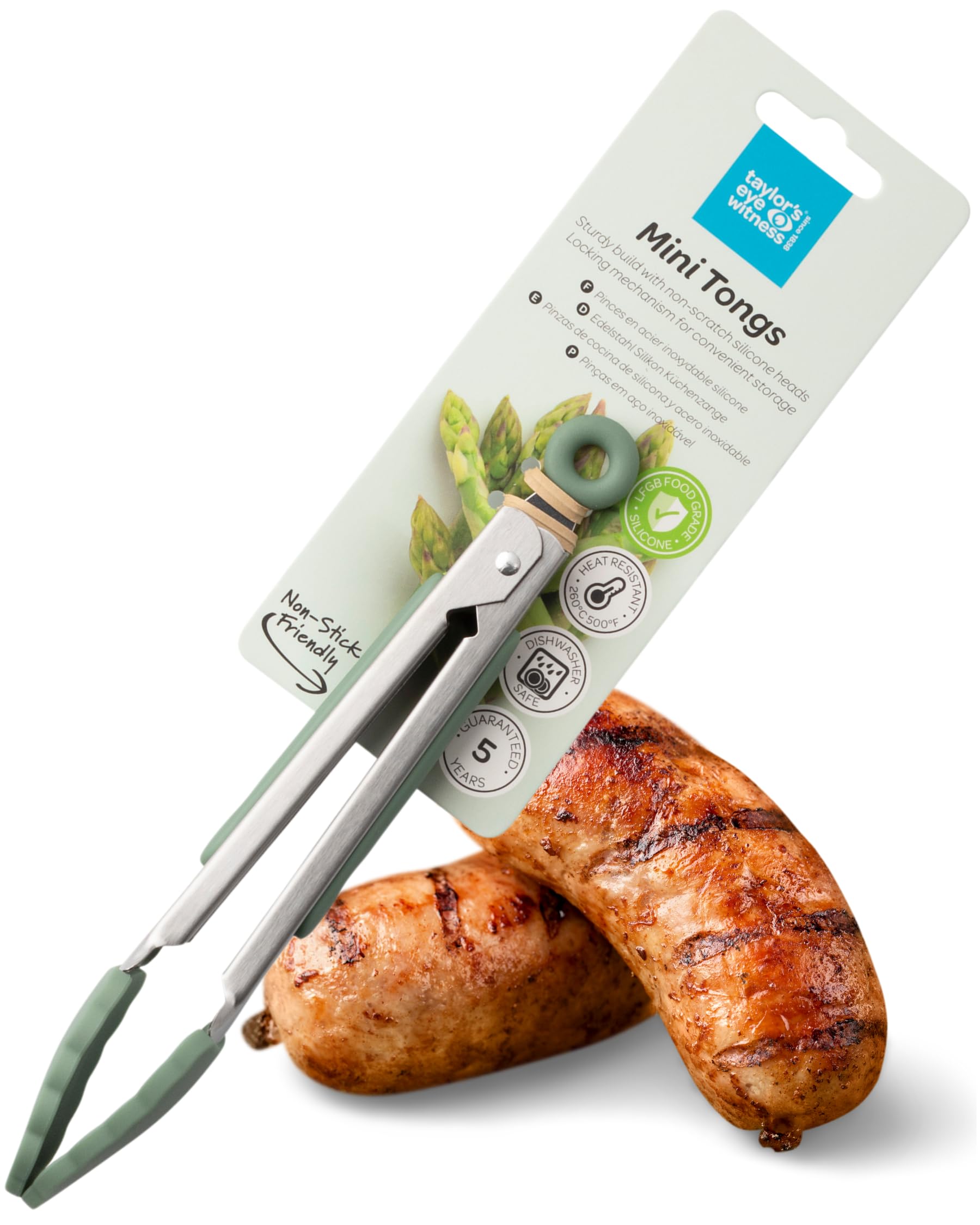 Taylors Eye Witness Small Steel Sage Silicone Tongs, Dishwasher Safe. Sturdy Build