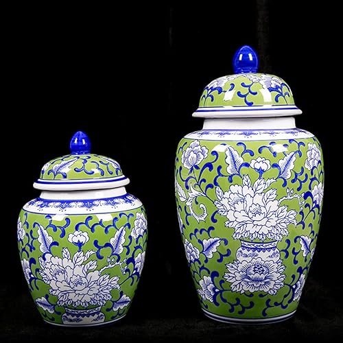 Miniatura 6 de ZHOUXIAO Jarrón de jengibre de cerámica verde con tapa, tarro de templo floral de porcelana decorativa tradicional china, jarrones de flores