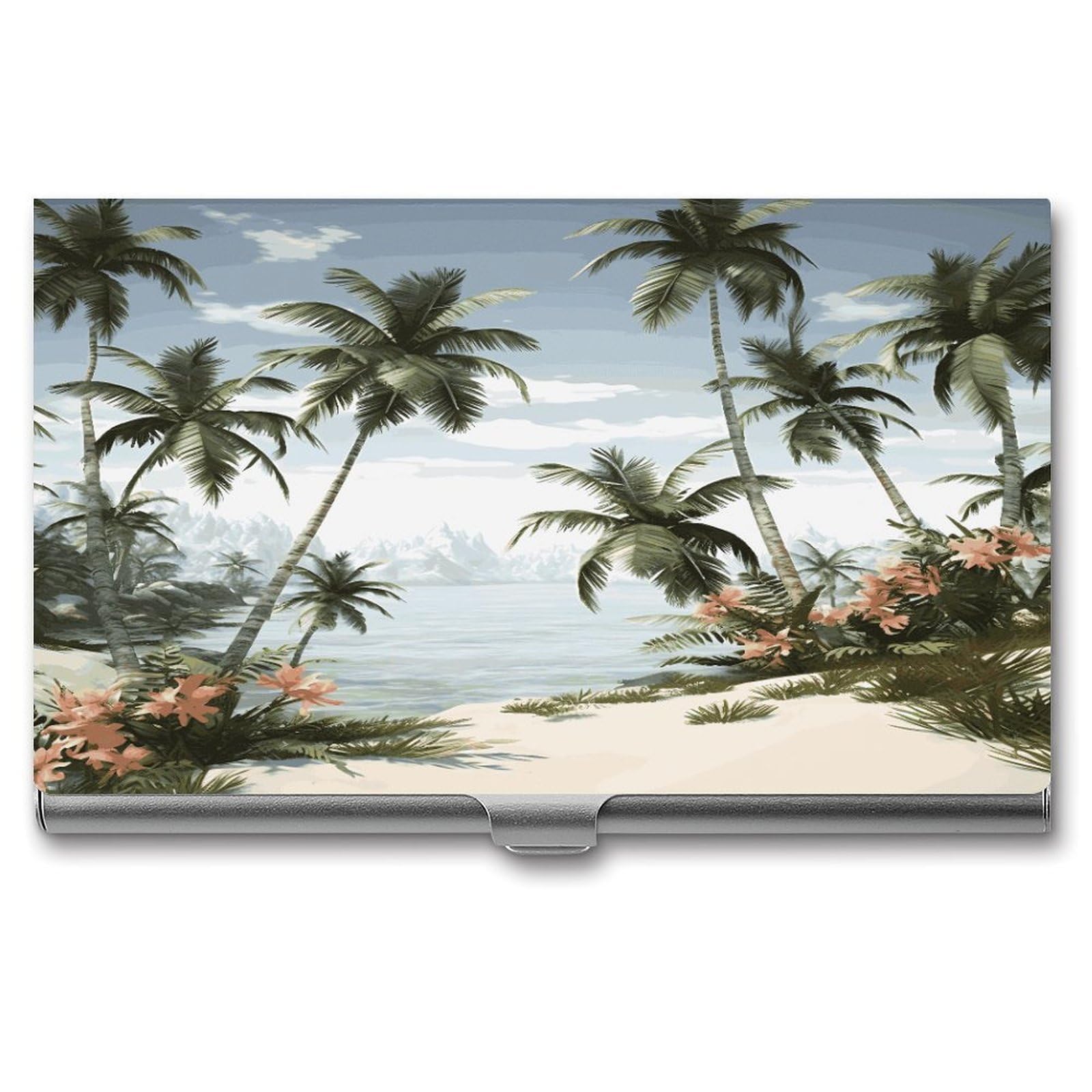 LDGSUPH Tropical Palm Trees Business Card Holder Fashion Slim Name Card Holder Minimalist Design Case Metal Card Carrier Personalized Business Card Case with Flip for Men Women