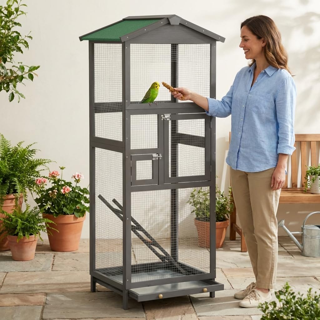 Indoor and Outdoor Aviary House, Wooden birdcages Bird Cage with Pull Out Tray and Wooden Bird cage Two Doors, Spacious Multi-Level Design for Small Birds Like Parakeets, Canaries