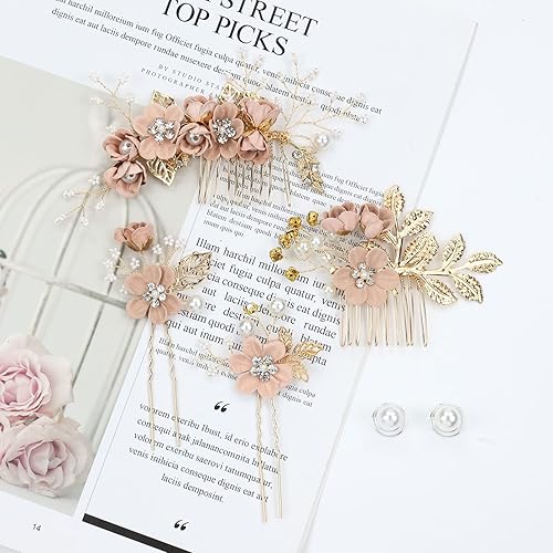 Miniatura 7 de inSowni Paquete de 20 peines laterales de boda con flores blancas y rosas y azules + horquillas para el cabello con flores y perlas en espiral,
