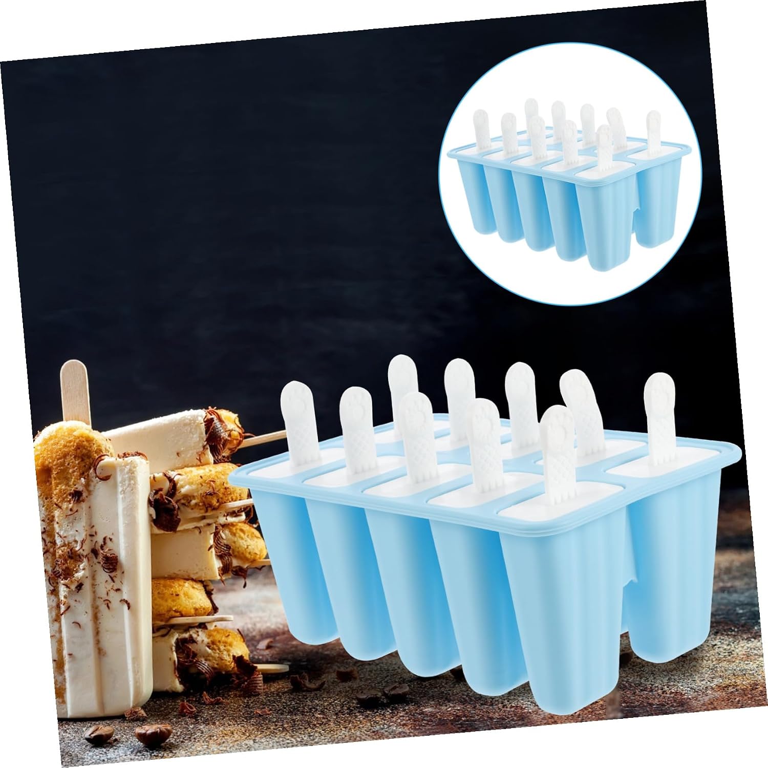Ipetboom Silicone Ice Cream Making Mold 10-cavity Blue Ice Lolly Mold Reusable Maker for Homemade Chilled Treats