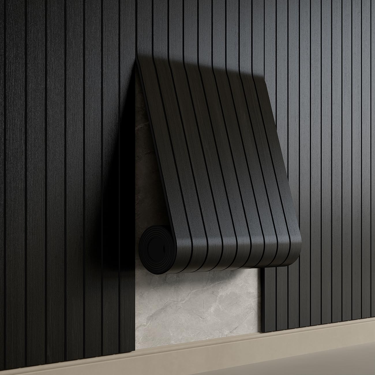 Photo 1 of YU LI 3DH Peel and Stick PVC Slat Wall Panel 236"x15.75" Self-Adhesive Thick Faux Black Wood Grain Wallpaper Panel 3D Soundproof Wall Panels for Walls & Ceilings
