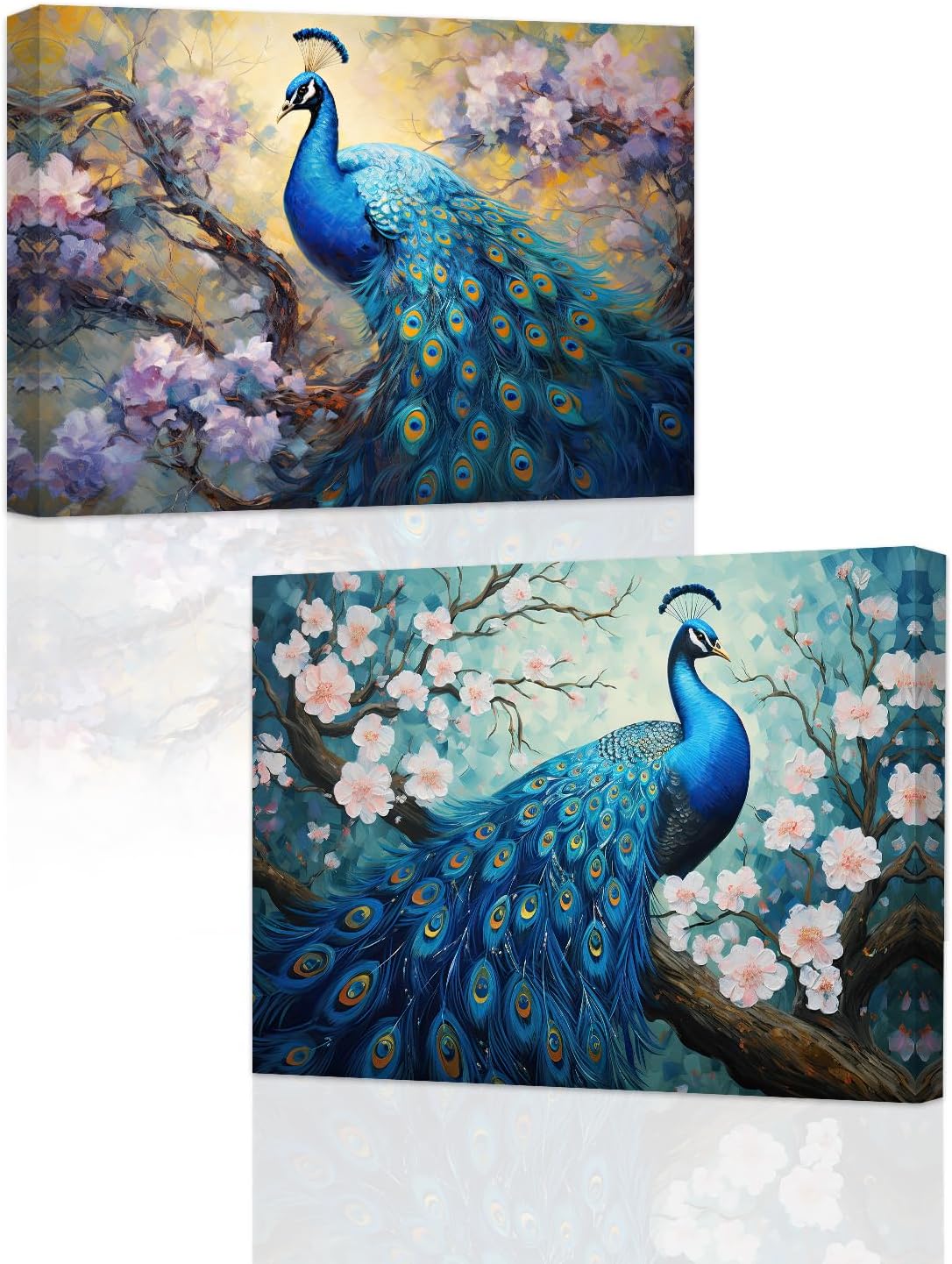 ZXHYWYM Peacock Wall Art - 2 Pieces Blue Peacock with Flower Canvas Print - Elegant Peacock Pictures - Beautiful Birds Painting for Home Decor - Frame (11"x14"x2)