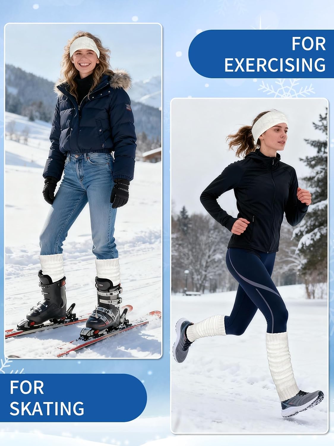 2 Pack Winter Fleece Lined Leg Warmers and Twisted Headband Set, Knit Long Leg Warm Boot Sock for Women Skating