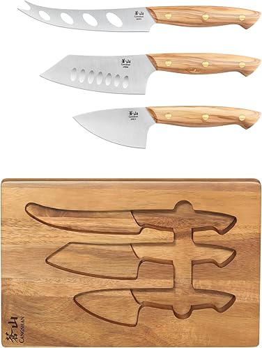 Miniatura 3 de Cangshan 1027327 Juego de cuchillos de queso de madera de olivo de 3 piezas con tabla de queso de acacia