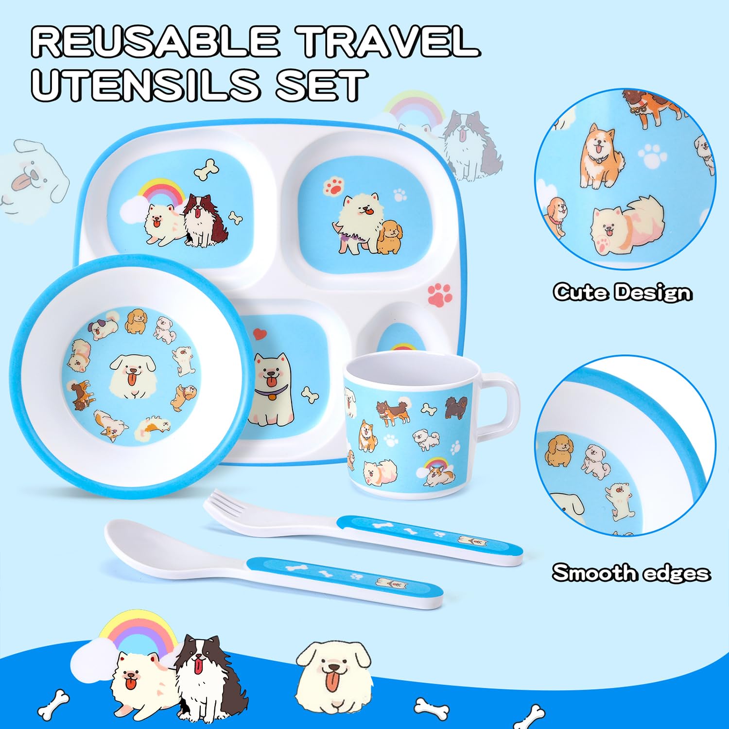 5-Piece Kids Melamine Dinnerware Set – Plate, Bowl, Cup, Fork & Spoon – BPA-Free, Durable & Lightweight Cartoon Set for Toddlers (pink cat)