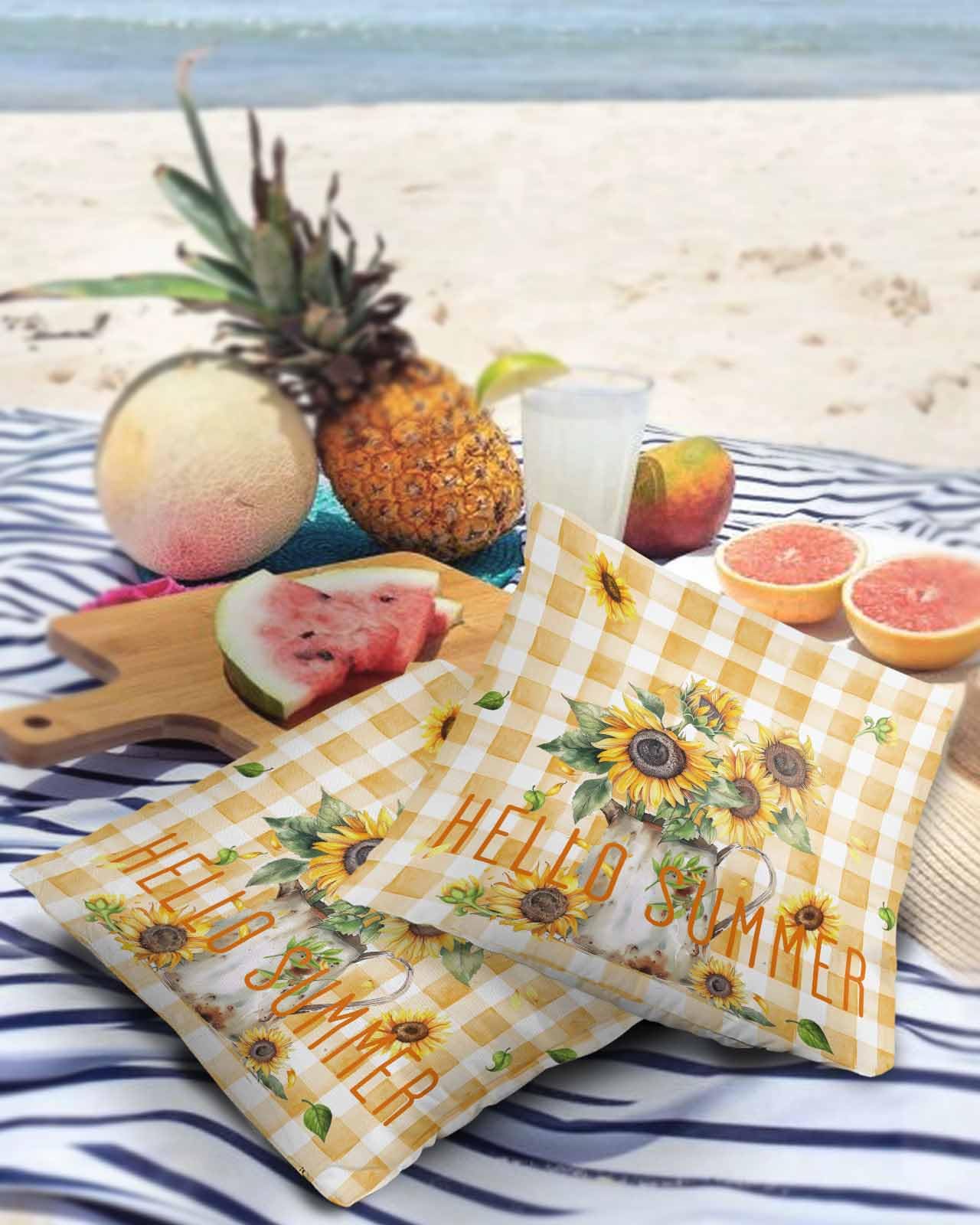 Sunflower Orange Outdoor Pillow Cover 20x20 Inch Cushion Sham Case,Waterproof Decorative Square Throw Pillowcase for Outside Garden Patio Porch Couch Chair Tent Spring Floral Farmhouse Plaid Checkered